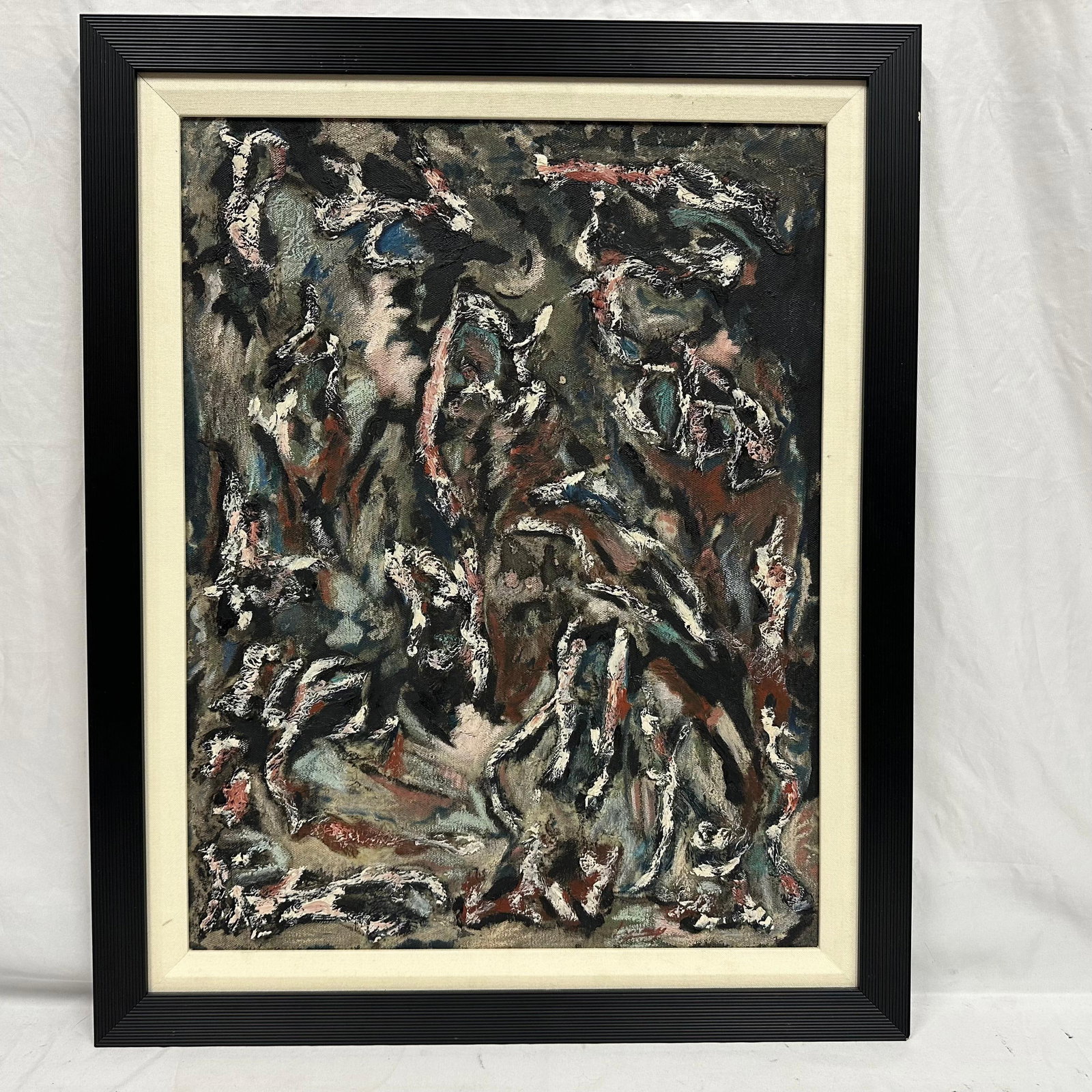 Abstract Expressionist Mixed Media Painting on Canvas Framed: Abstract expressionist painting featuring heavy impasto and textured brushwork. Composed in muted tones of black, gray, blue, rust, and off-white with dynamic, layered movement throughout. Executed on