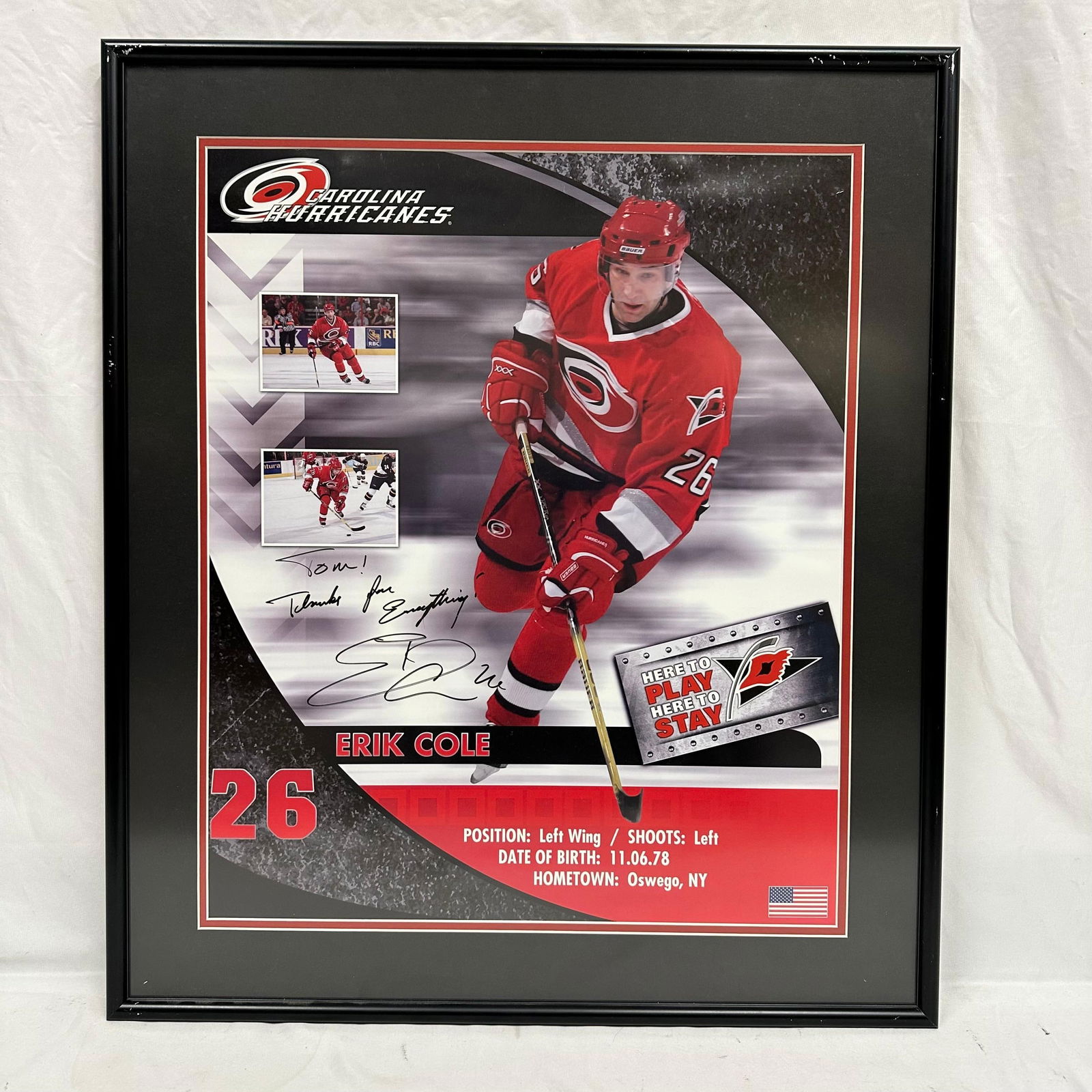 Kevyn Adams Signed Framed Carolina Hurricanes Display with Autographed Inscription: Framed Carolina Hurricanes display featuring Kevyn Adams #14, professionally presented with team graphics, player imagery, and biographical details. The piece includes a bold autograph with a personal