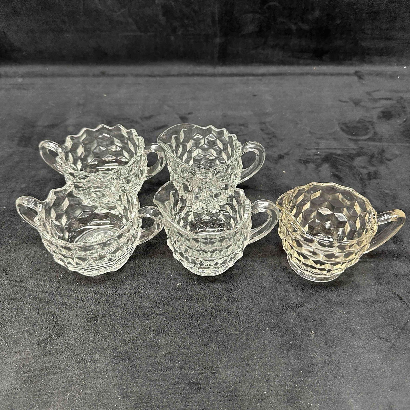 Fostoria Creamer and Sugar Dish Cup Set Five Glass Pieces (1 of 7)
