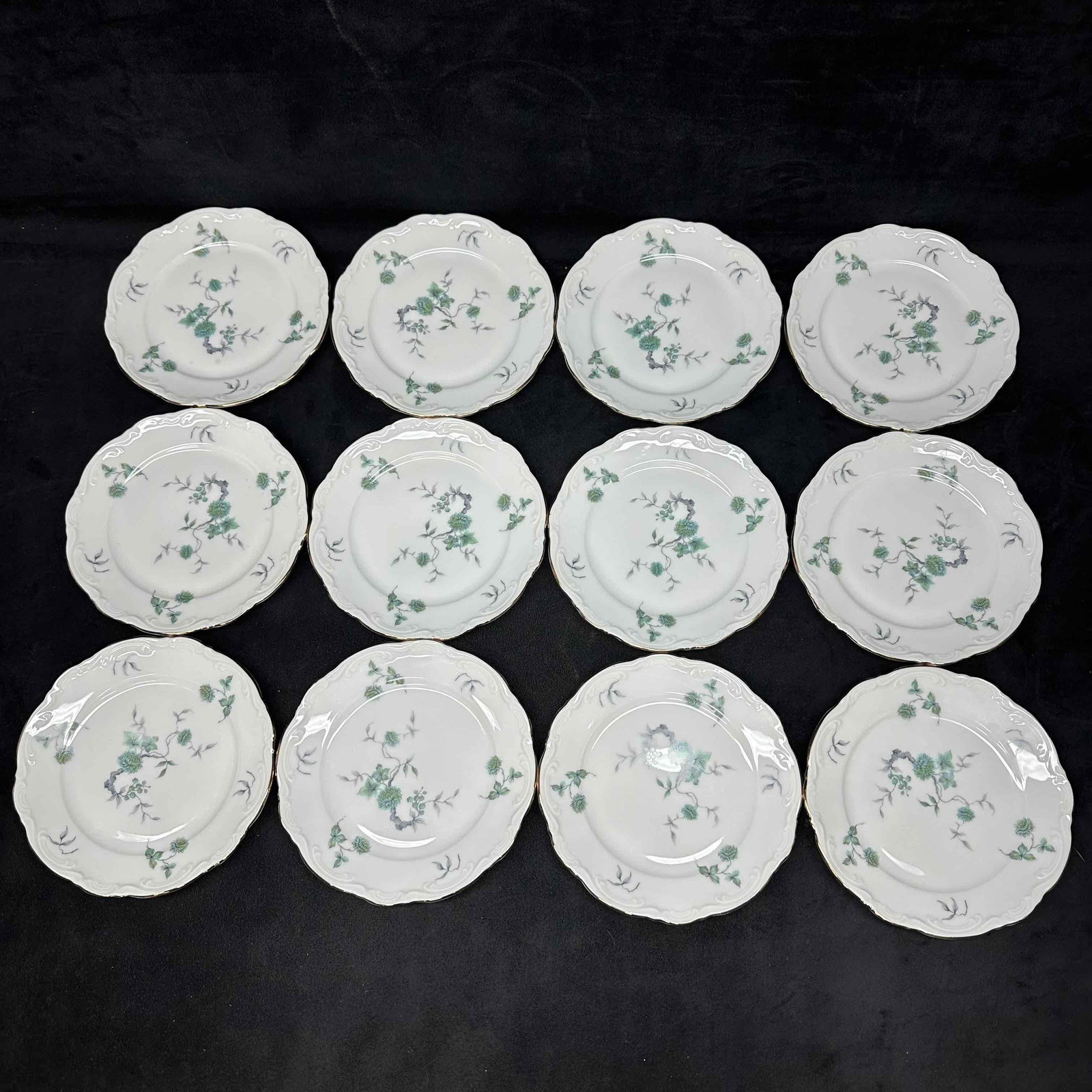 Green Ming Mitterteich Bavaria Germany Small Plate Set Twelve Plates: Light wear noticed along the bottom of each piece, no chips, cracks, or breaks in the porcelain. This set includes twelve (12) small plates. These items are in good pre-owned, previously displayed con
