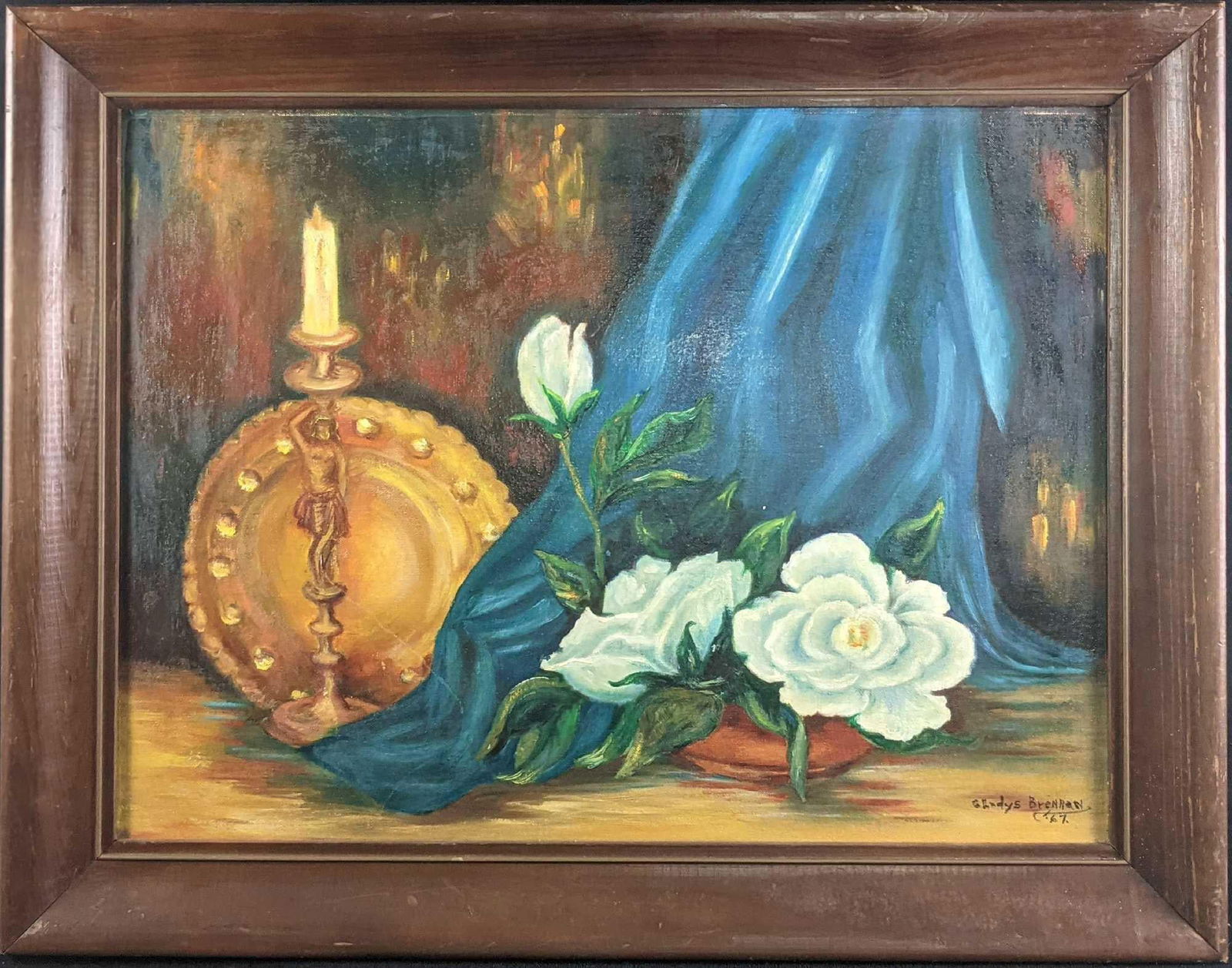 Framed Vintage Original Oil On Panel Gladys Brennan: Here is an original vintage oil on panel by the artist Gladys Brennan. This was painted back in 1967. It shows an image of a candle, some flowers, and a blue blanket or curtain. The framed