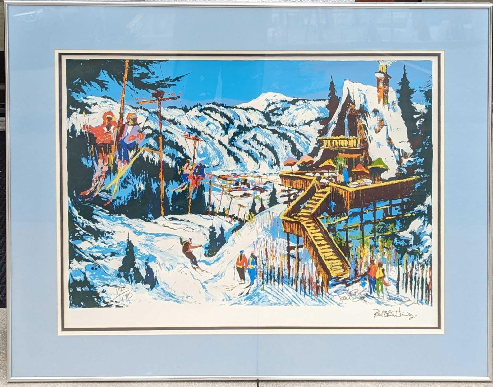 Framed S&N Paul Blaine Henrie Ski Chateau Serigraph: Framed S&N Paul Blaine Henrie Ski Chateau Serigraph. This one is #104 out of #190. The print was signed and numbered by the artist near the bottom of the print. The framed print is approximately 39 3/