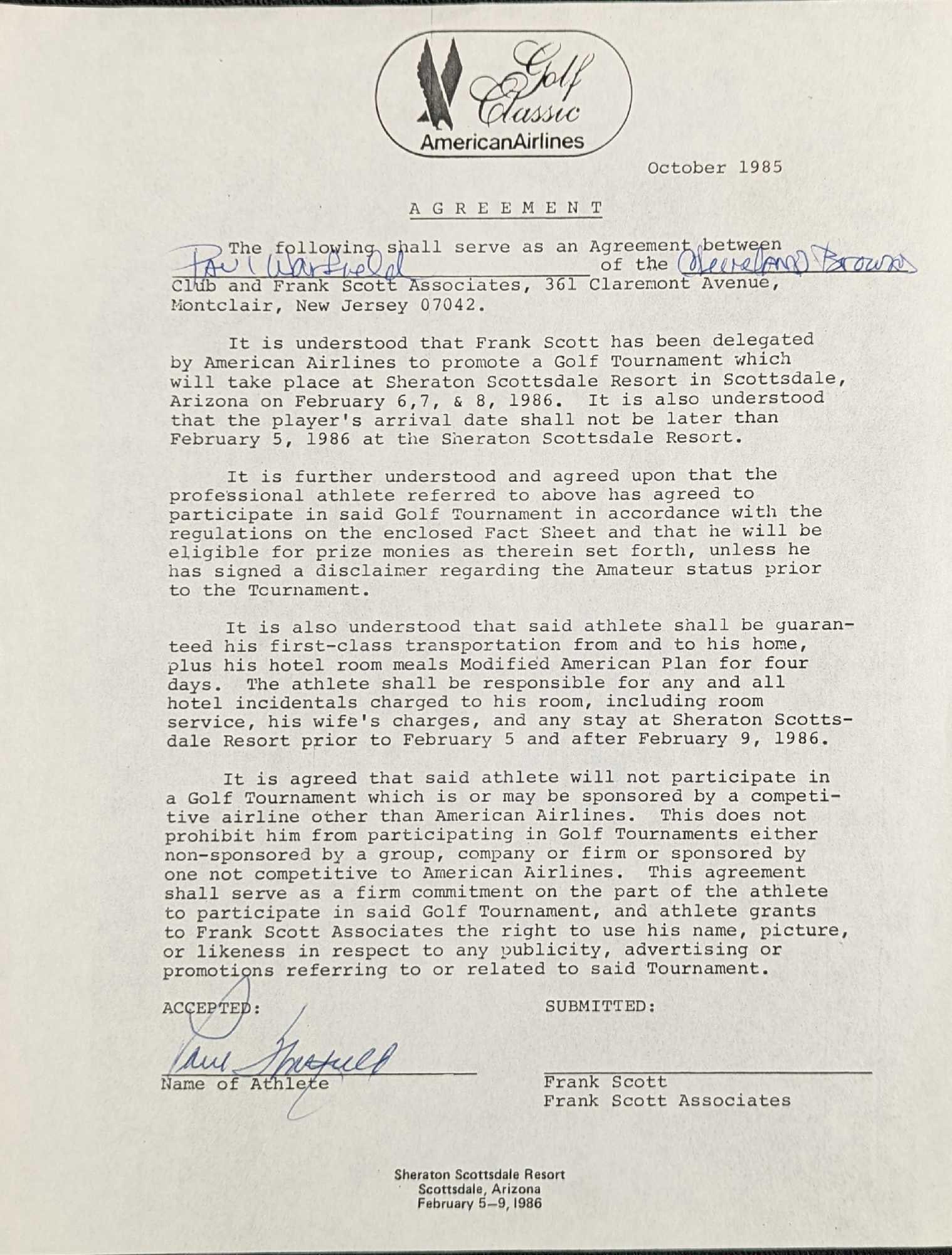Signed Paul Warfield HOF Football Letter: Here is an invitation letter to play at the American Airlines "Golf Classics" that was sent to and signed by football great Paul Warfield. The letter is approx 8 1/2" x 11" and it weig