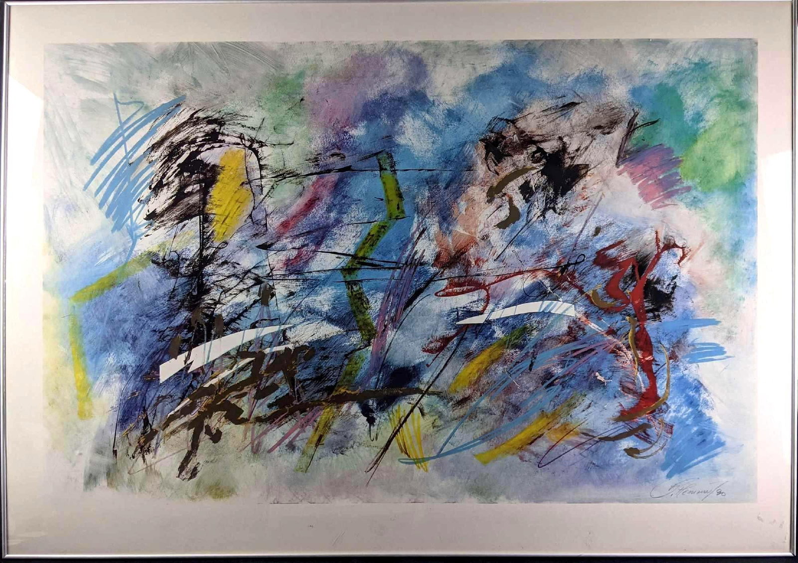 Large Framed Abstract Fine Art Print: Large Framed Abstract Fine-Art Print This is a beautiful large art print of an abstract by an artist named Hennessy. This abstract is framed with glass over the front. The piece with the frame is in g