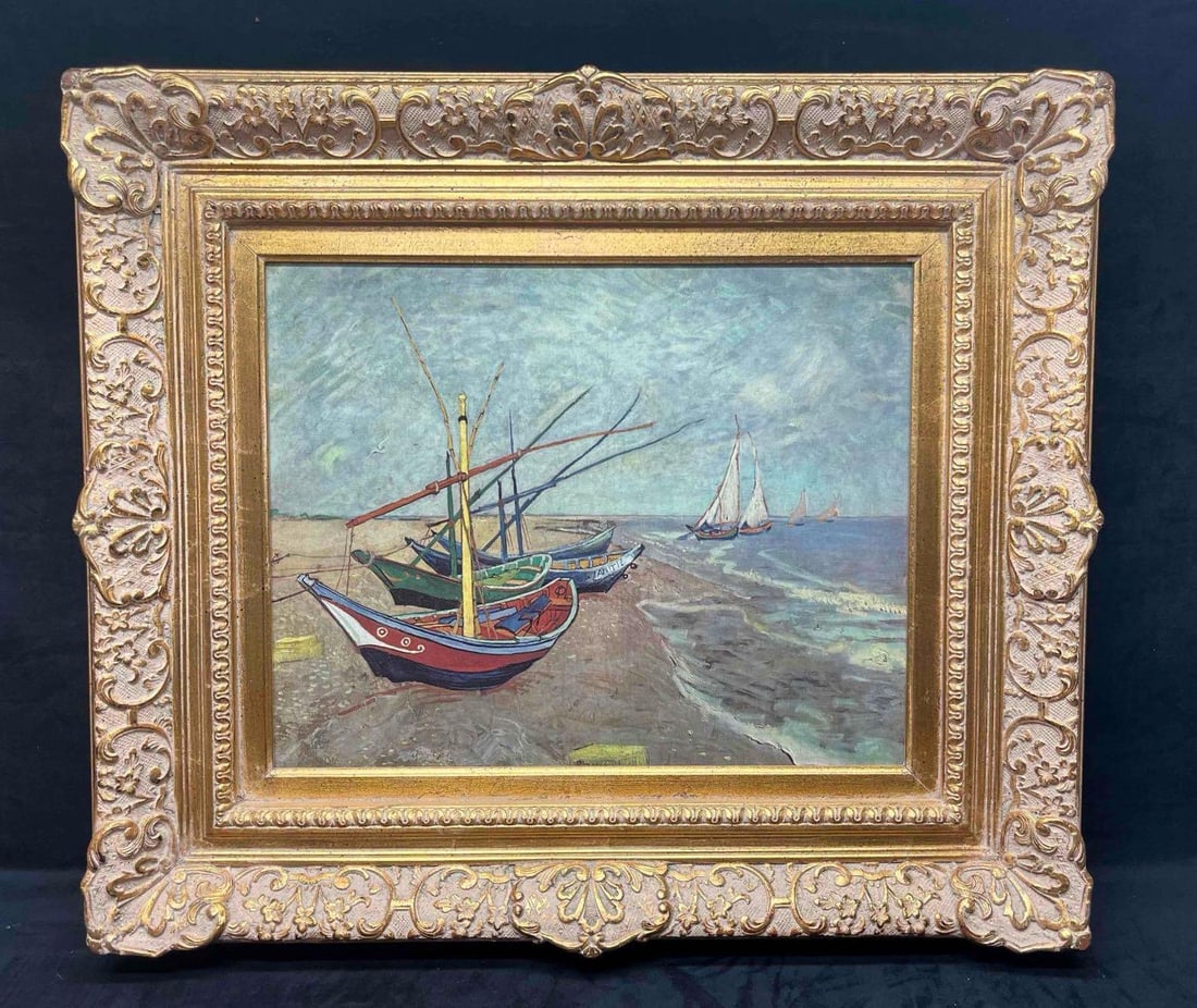Textured Canvas Print Vincent Van Gogh Fishing Boats On The Beach At Saintes-Maries: This lot contains a Textured Canvas Print Vincent Van Gogh Fishing Boats On The Beach At Saintes-Maries. Van Goghs original was created in 1888 and is currently on display at the Van Gogh Museum