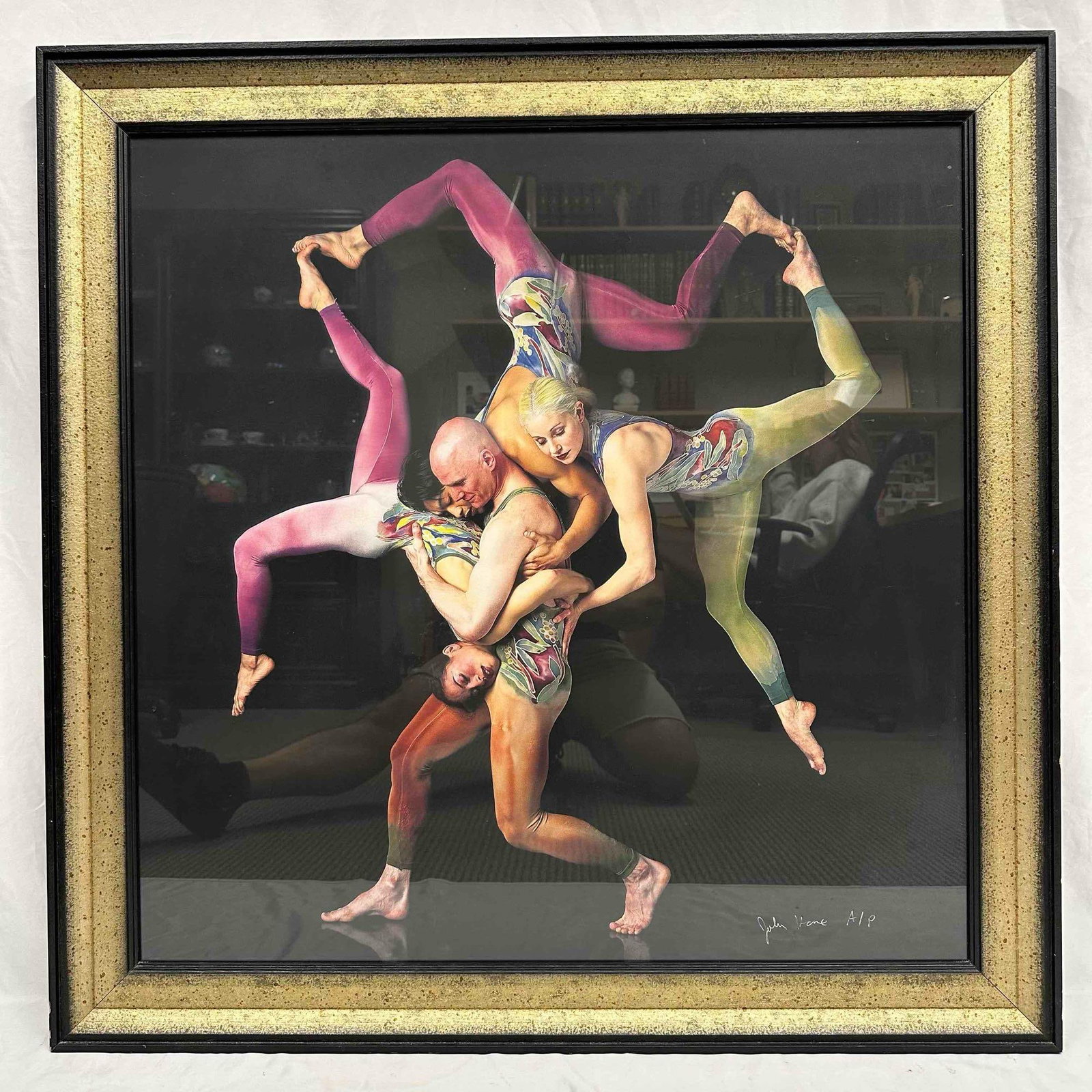 John Kane Atlas Shrugged Artist Proof Limited Edition Giclee Print: Limited edition giclee print titled Atlas Shrugged by John Kane. This striking composition features four acrobats captured in a powerful, gravity-defying pose, rendered in bold colors with remarkable