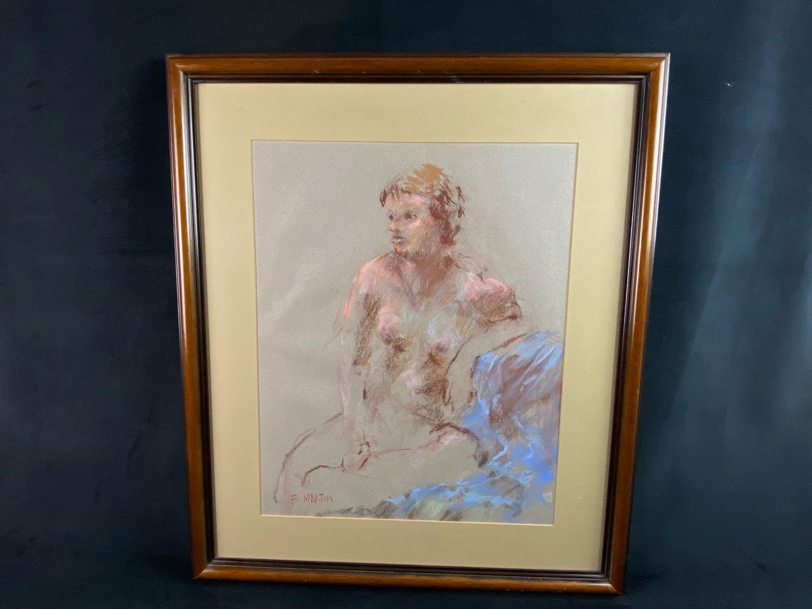 Original Signed B Martin Nude Female Chalk Art Portrait: Original Signed B Martin Nude Female Chalk Art Portrait This framed and matted original is in good condition with some curling (wavy ) to the paper not very noticeable . Measurements of frame as foll