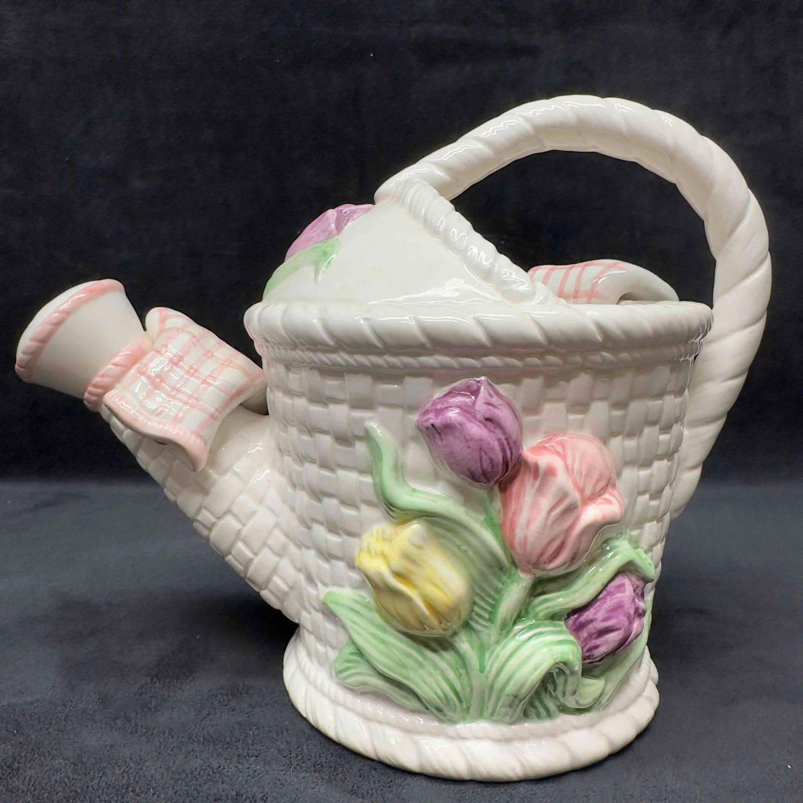 Ceramic Floral Watering Can Bucket Flower Water Pot Pitcher: Porcelain Easter Bunny Rabbit Pitcher and Basket Napkin Holder Ceramic Floral Watering Can Bucket Flower Water Pitcher. The watering pot has a floral design. Ceramic piece made in Taiwan. This item is