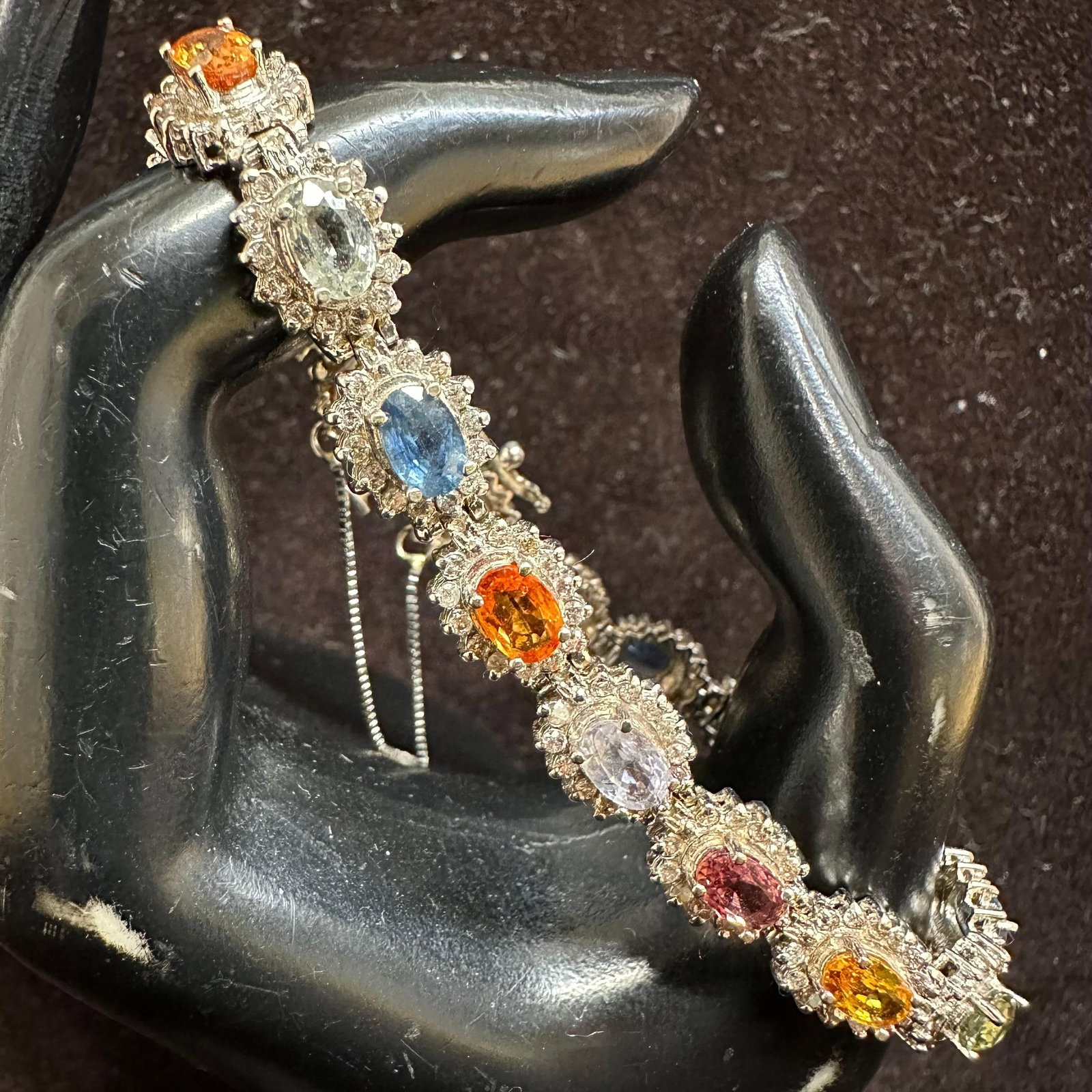 14K White Gold Accent Diamond and Colored Sapphires: This item is in good pre-owned, previously used/displayed condition with noticeable light wear and surface scratches. Please reference all photos for full details. This piece of jewelry has been teste