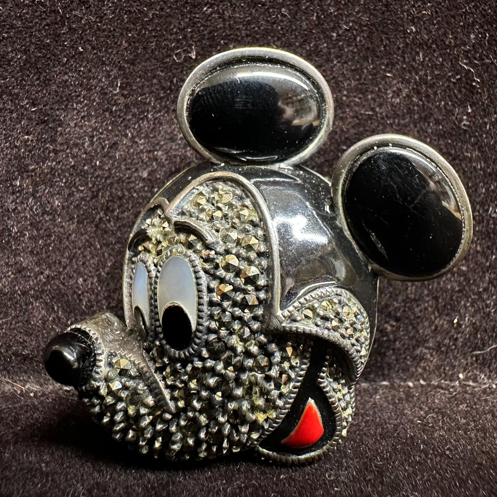 Disney Mickey Mouse Face Head Sterling Enamel Marcasite Brooch (1 of 5)