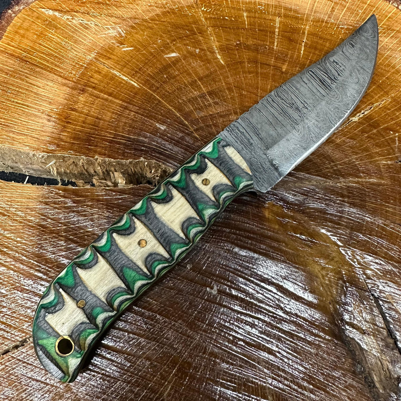 MHS Cutlery Steel Clip Blade Knife Beige Green Black Colored Handle: Fixed clip-style blade knife by MHS Cutlery featuring a textured steel blade and decorative spine work. The handle has a contoured, multi-colored resin-style grip with metal mosaic pin accents. Includ