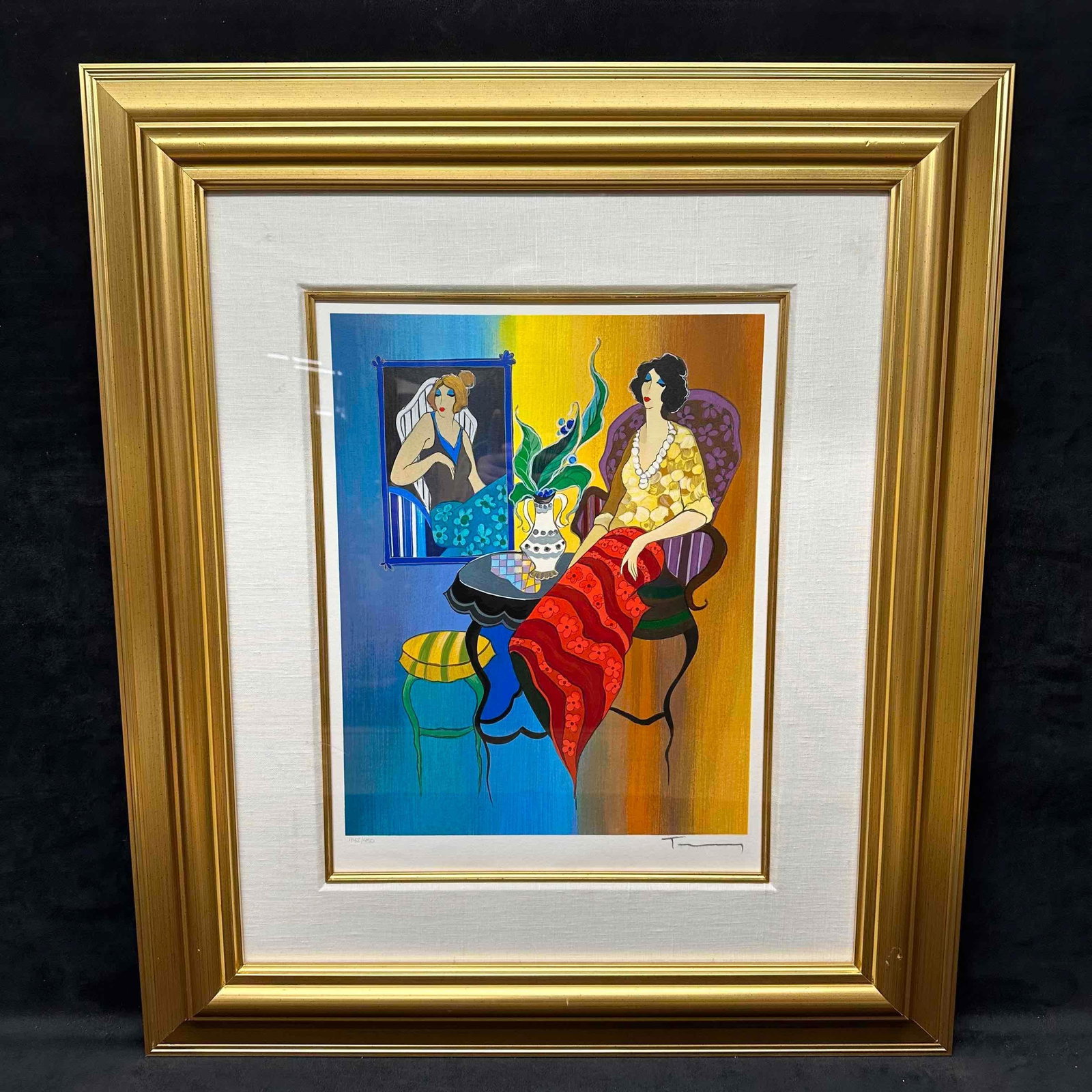 Itzchak Tarkay Lady in Red Shawl Blue and Yellow Wall Framed Serigraph Limited: Limited Edition 442 out of 450. Signed by the artist, Itzchak Tarkay, in the bottom right corner. Border of the frame showing minor dents, dings on the wood, significant scratches can be seen on the p