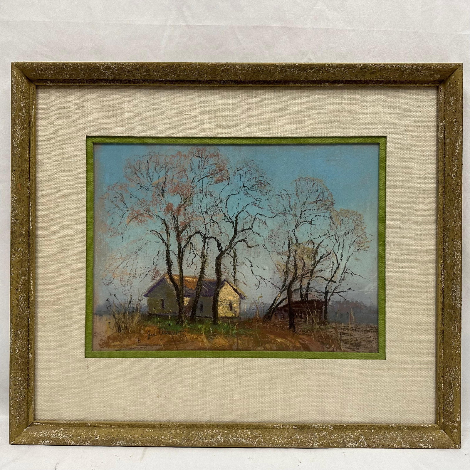 Jessie "Jes" Walton Pastel Farmhouse and Tress Landscape 20th Century Painting Signed Framed: Pastel landscape painting signed Jes Walton (artist Jessie Walton) at lower left. The piece depicts a rural farmhouse and barn framed by tall leafless trees under a soft blue sky. Rendered with expres