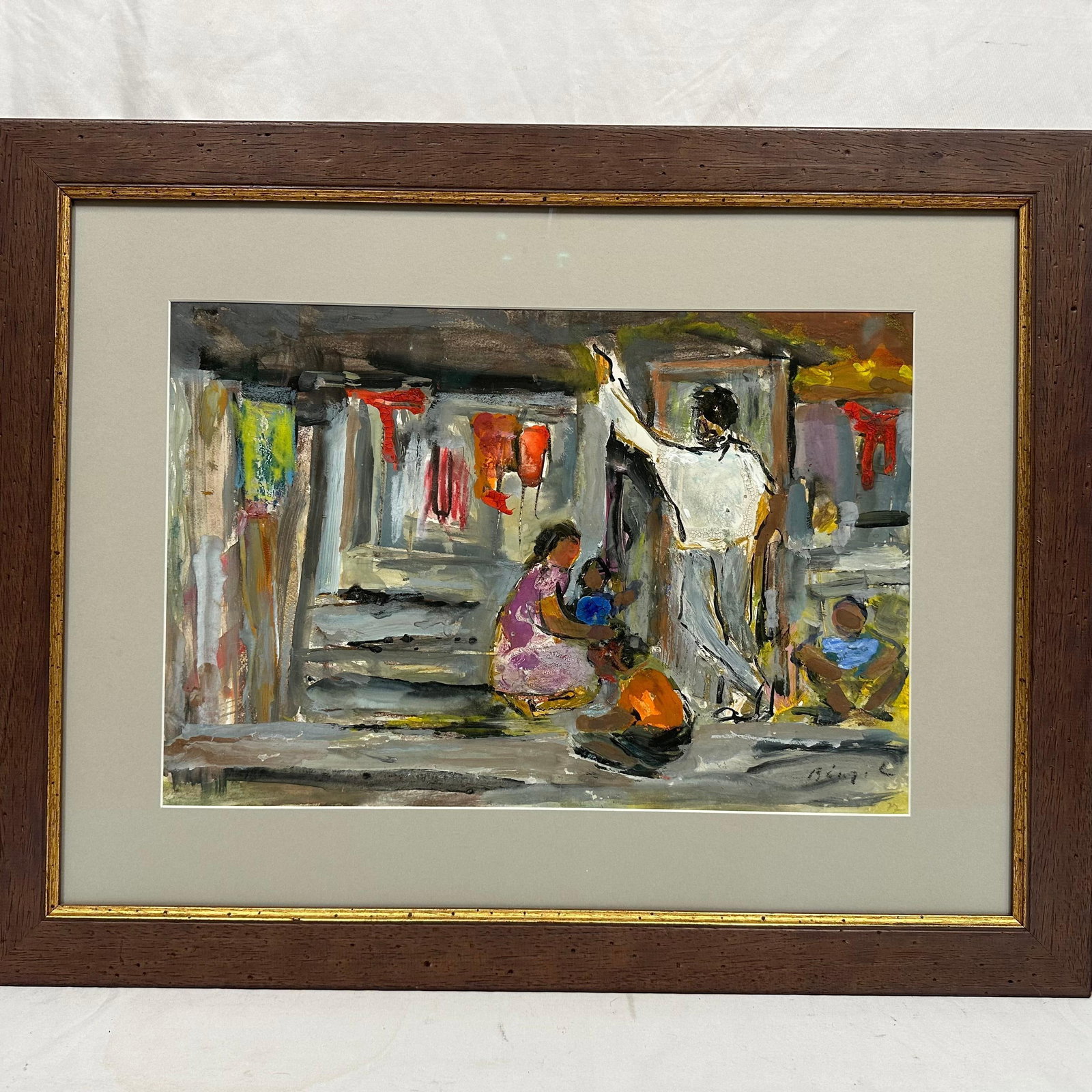 Original Mixed Media Painting Colorful Street Scene Signed Unknown Artist Framed: Original mixed media painting on paper depicting a colorful and expressive street scene with several figures gathered near a building. Bold brushwork, layered texture, and vibrant tones throughout. Ar