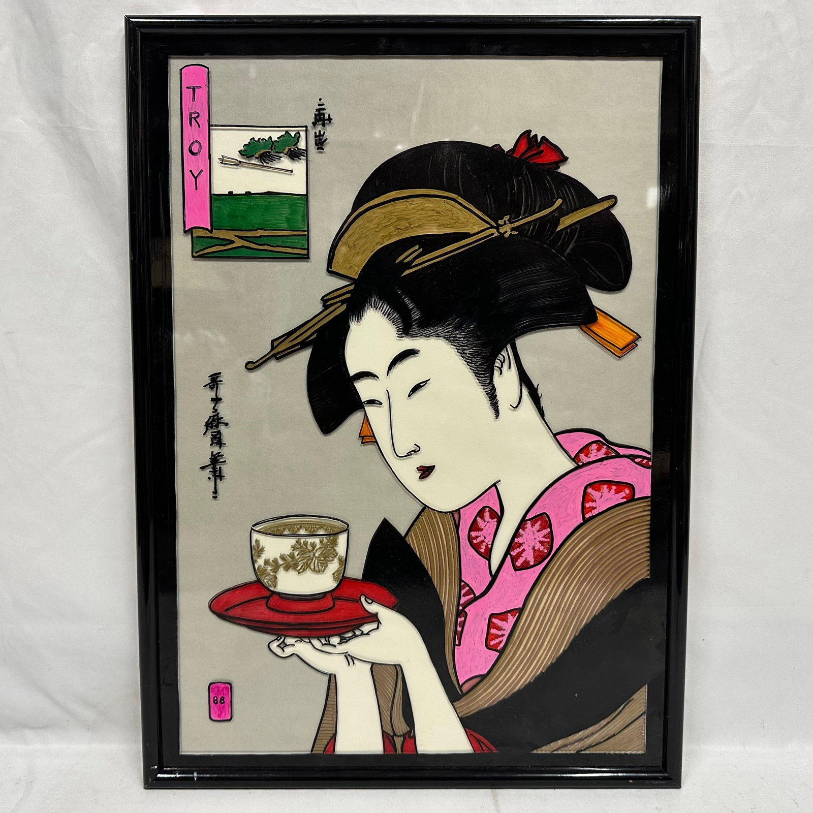 Hand Painted Japanese Geisha Glass Painting Teahouse Waitress Naniwaya Okita Reproduction: Vintage framed glass painting depicting a traditional Japanese geisha holding a teacup. Bright enamel-style colors with raised paint detailing. Signed with artist mark and dated “88.” Black la