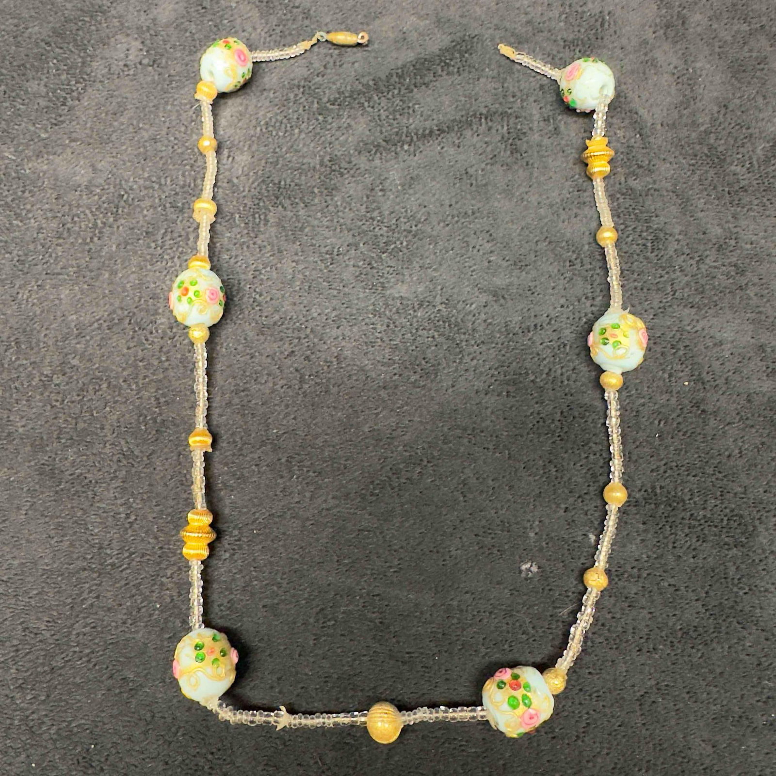 Murano Venetian Lamp Work Art Glass Light Blue Bead Floral Small Beaded Necklace Broken G9: Murano Venetian Lamp Work Art Glass Light Blue Bead Floral Small Beaded Necklace Broken G9. Necklace with light blue colored glass beads with beautiful designs on each. The necklace is broken loose on
