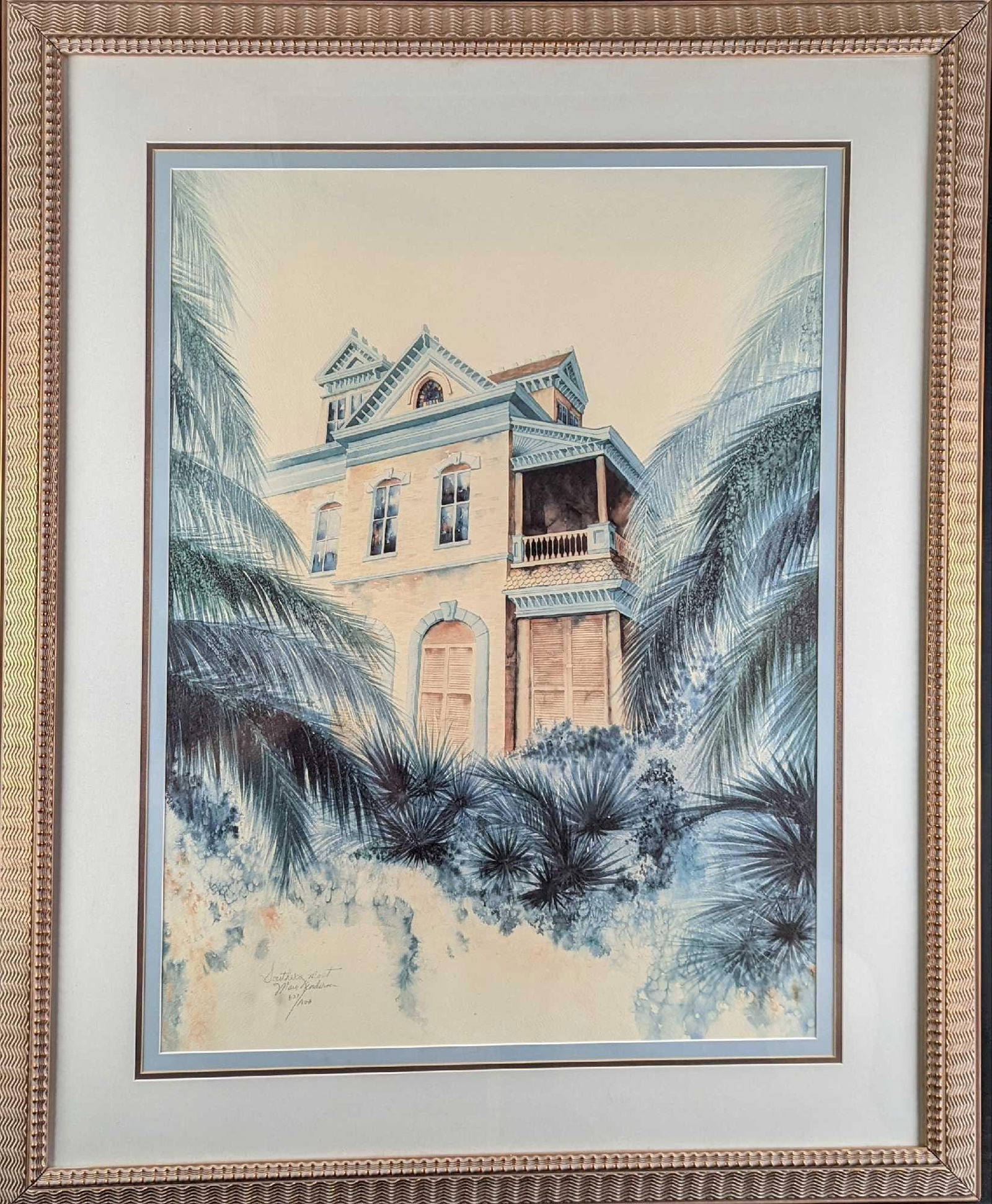 Key West Southern Most House" Print By Mary Henderson: Key West Southern Most House" Watercolor Print By Mary Henderson. This is signed and numbered by the artist on the bottom left. This is #63 out of #1000. The framed print is approx 36" x 2" x 45" and
