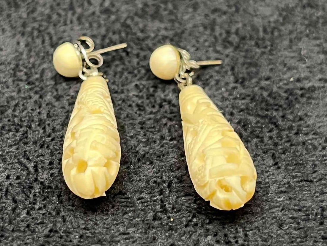 Hand Carved Bone Dangle Earrings - 6