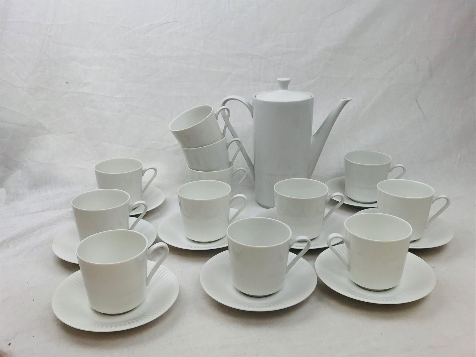 Eschenbach Coffee Pot Flat Cup Saucer: One White Porcelain tea/coffee cup and saucer and tall Coffee pot. The pot is 7.75" tall. Made in Germany by Eschenbach-Bavaria just after the Second World War. Early 1950's. The cup is 3