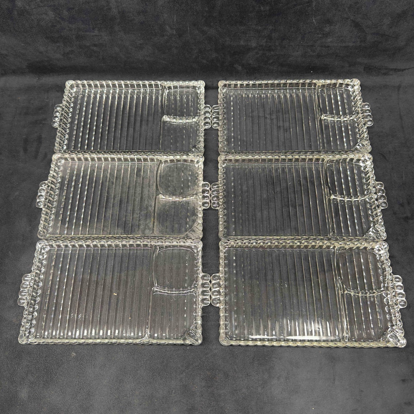 Hazel Atlas Orchard Twelve Piece Luncheon Plate and Cup Party Service Set: Hazel Atlas Orchard Twelve Piece Luncheon Plate and Cup Party Service Set. This set includes six trays and six cups. A few of the trays shows light chips and cracks, none major. No other chips, cracks