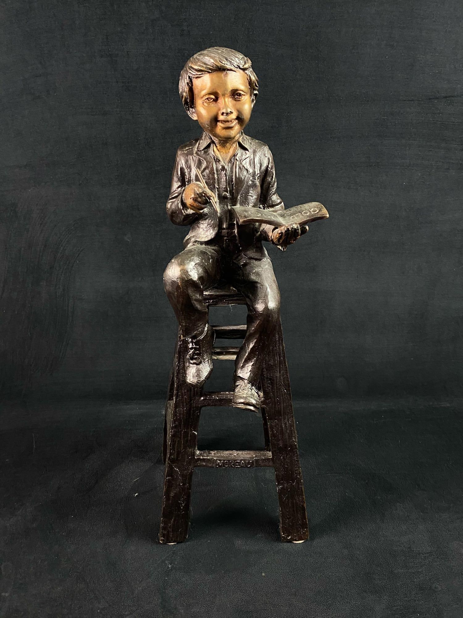 Antique MOREAU School Boy On Stool Bronze Sculpture (X9): Antique MOREAU School Boy On Stool Bronze Sculpture This sculpture is in great condition with no repairs or damage Measurements as follows : 13.5 lbs 21.5" Tall 7" x 7" Square base