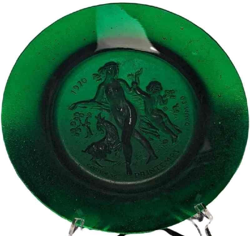 Spring French Daum Crystal Plate By Corbin: Green crystal plate "Printemps" (Spring) Number 1460/2000. This plate is approx 10 1/2" x 10 1/2" x 3/4" and it weighs 4.26lbs. This plate was designed by Raymond Corbin and released in 1970. The