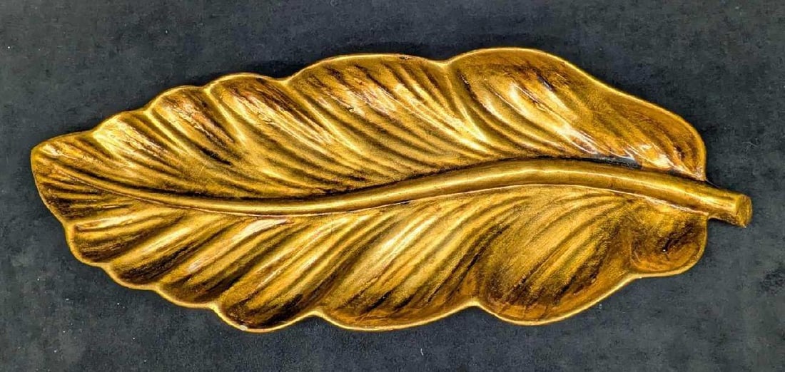 Golden Leaf Decoration, Golden Brown Leaf Dish Large: Golden Leaf Decoration, Golden Brown Leaf Dish Large. Hand painted ceramic leaf dish. The maker and date of creation is unknown. This is approx 2 1/2" x 27" x 10" and it weighs 5lbs. The leaf dish has