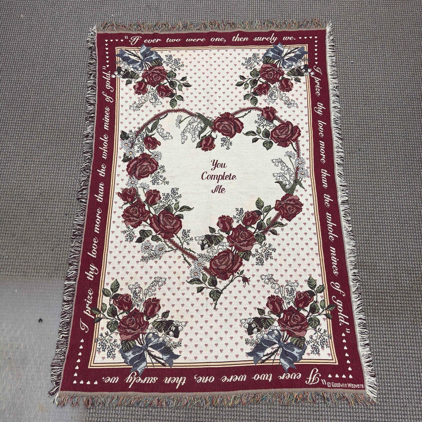 Goodwin Weavers Throw Blanket Floral Roses Hearts You Complete Me Love Couples Marriage: Goodwin Weavers Throw Blanket Floral Roses Hearts You Complete Me Love Couples Marriage. This beautiful blanket features floral and heart designs with roses in the shape of a heart. In the center with