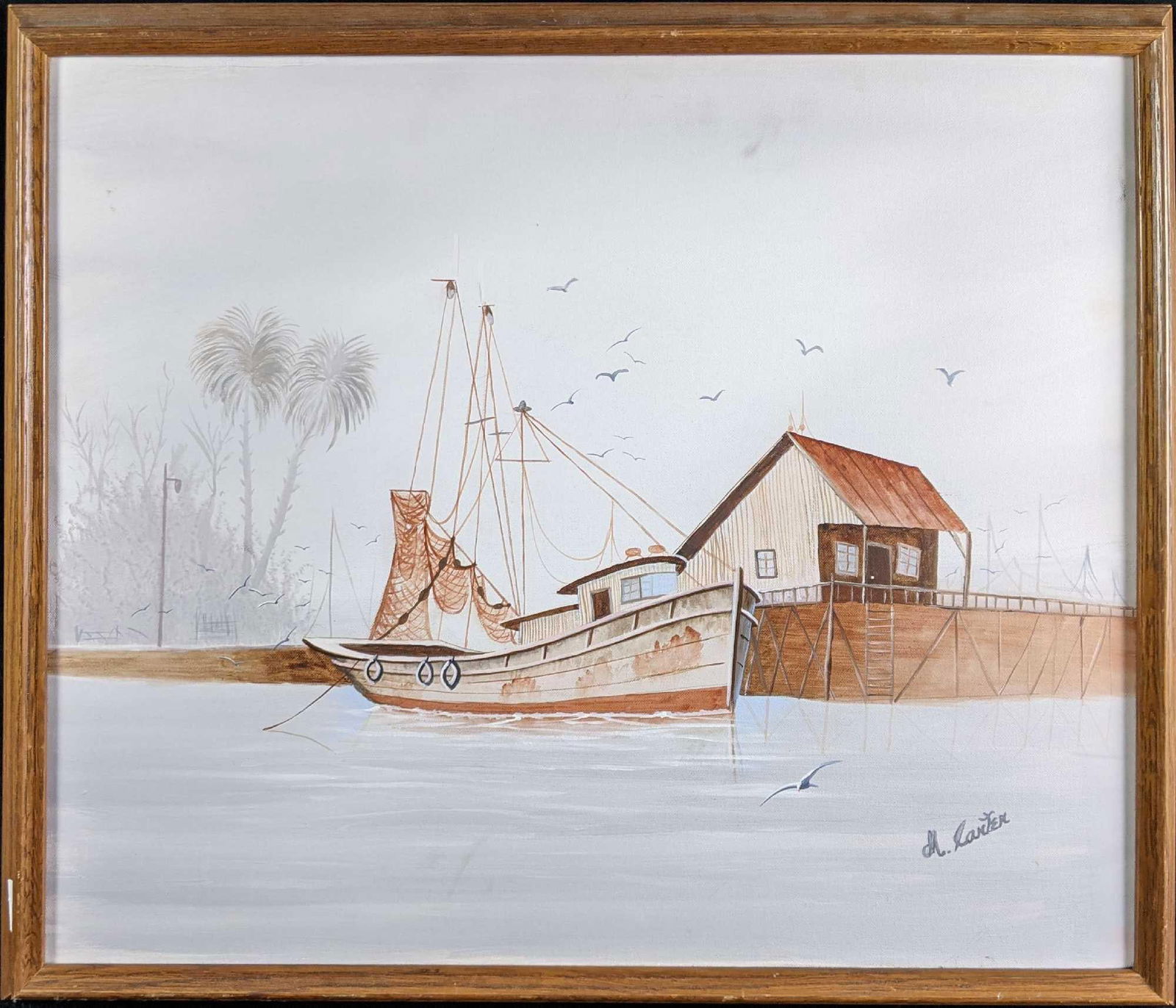 Acrylic on Canvas Boat Docked at Shore Signed: Acrylic on Canvas Boat Docked at Shore Signed This painting is acrylic on canvas by artist M.Larter. This lovely scene depicts a boat docked by the shore next to a boardwalk. This is a framed piece