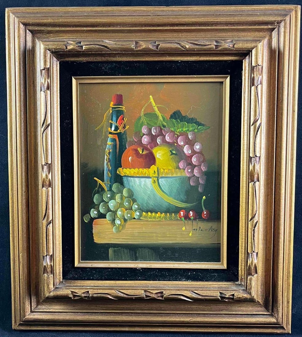 Oil Still Life Painting Fruit and Wine Signed Painting: Oil Still Life Painting Fruit and Wine Signed Painting This is an original oil painting of a traditional still-life arrangement. This painting was signed by its artist on the bottom right. The