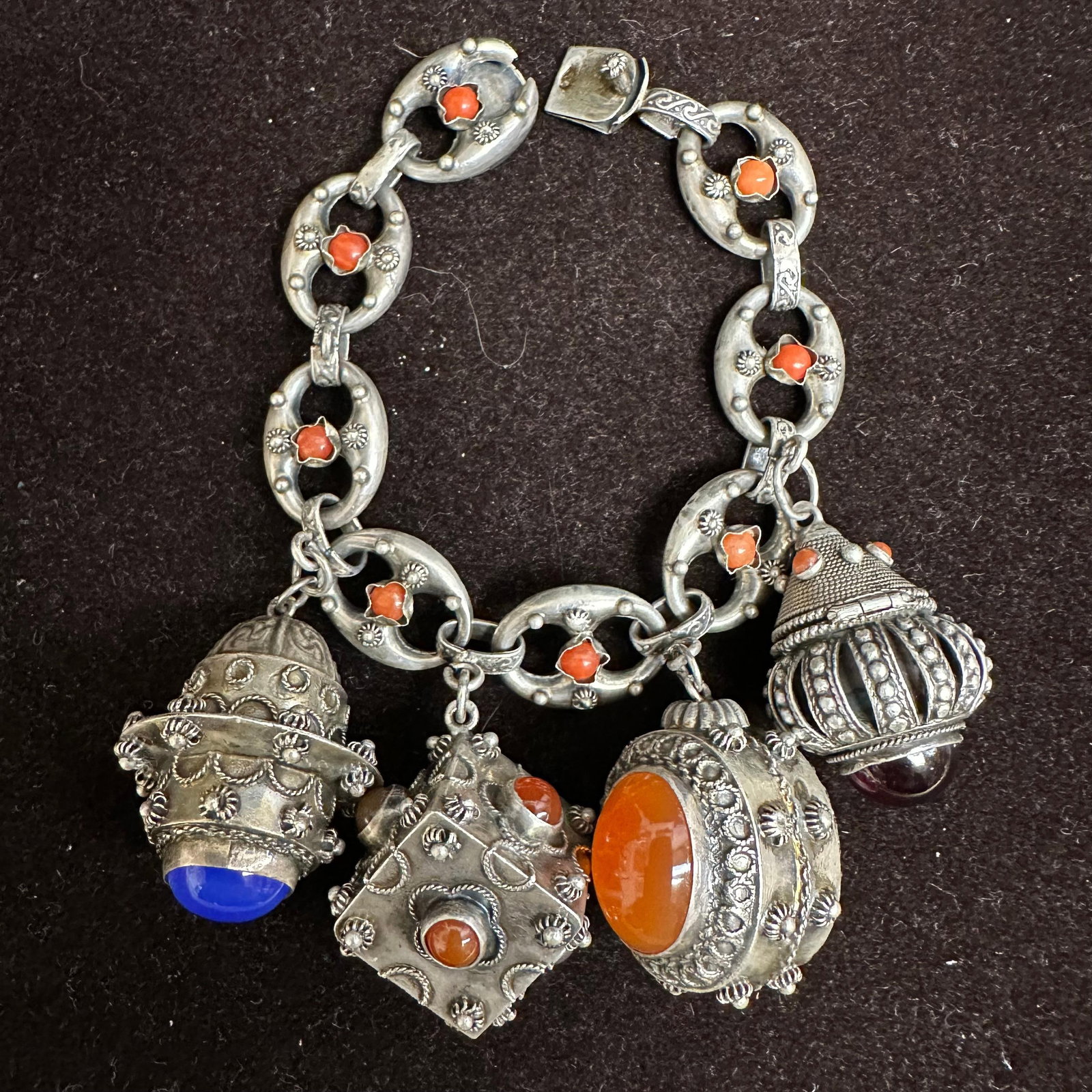 Four Ornate Filigree Charm Bracelet 800 Silver Etruscan Revival Style R17: This item is in good pre-owned, previously used/displayed condition with noticeable light wear and surface scratches. Please reference all photos for full details. This piece of jewelry has been teste