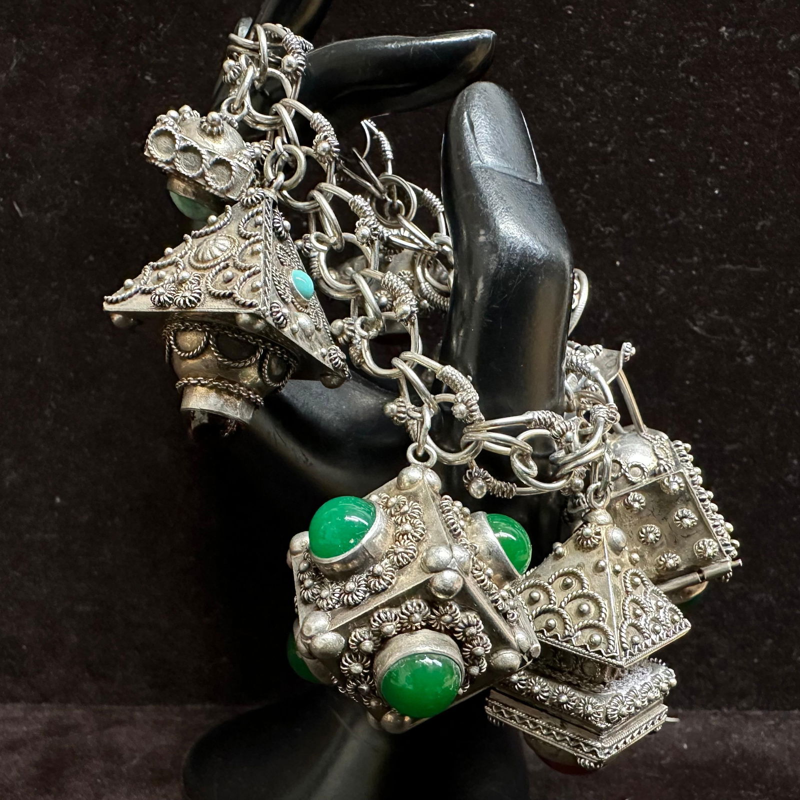 Italian Etruscan Revival Style Chunky Fob and Locket Stone Amber Lapis Multi Charm Silver Bracelet: This item is in good pre-owned, previously used/displayed condition with noticeable light wear and surface scratches. Please reference all photos for full details. This piece of jewelry has been teste