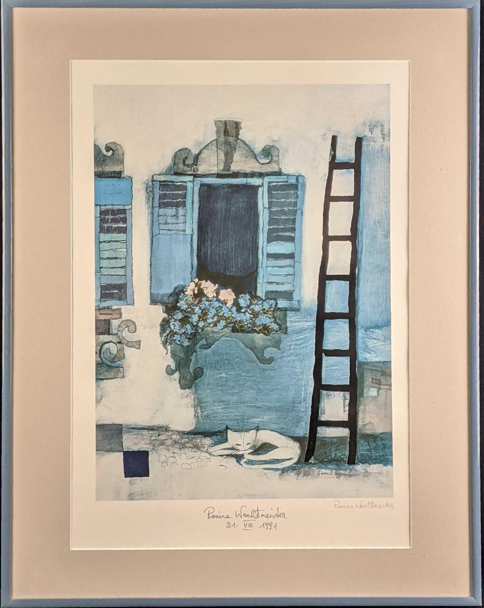 Framed Rosina Wachtmeister Signed Foil Enhanced Lithograph: Looks like her "Via Galileo Galilei VI" with the ladder on the right side, instead of the left. Print has added foil to give certain items a more metal appearance. Was signed by the artist on the bott