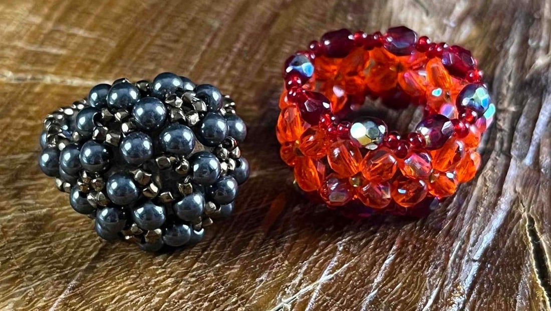 Two Handmade Beaded Rings: Two handmade Beaded Rings These two rings are handmade with small beads some real stones another not. These rings can fit around a size 5. They are in good condition with no known damage. both 1in