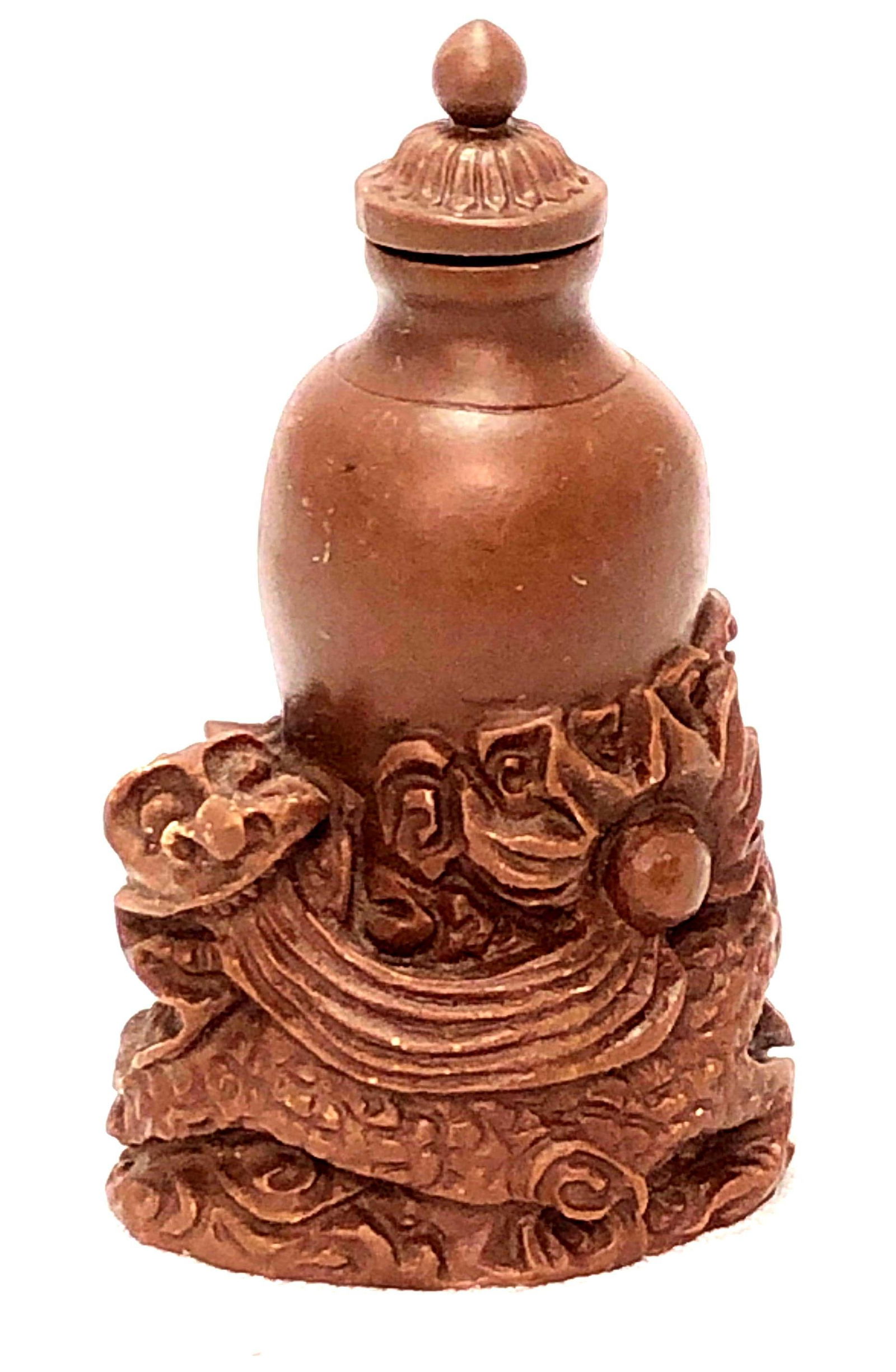 Vintage Carved Snuff Jar with Zhulong Dragon Base: Vintage Asian Carved Resin Snuff Jar with Zhulong Dragon Base. Stopper with spoon. The Vintage Snuff Jar is approximately 2-1/2" x 1-3/4" x 1-1/4" and weighs about 0.2lbs. Overall this item is in vint