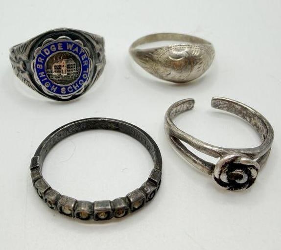 Lot of 4 Assorted Sterling Rings: This piece of jewelry has been tested and researched prior to listing. Please view all our pictures they are part of our description. DETAILS: Metal - Sterling Silver Color - Silver Stones - none Hal