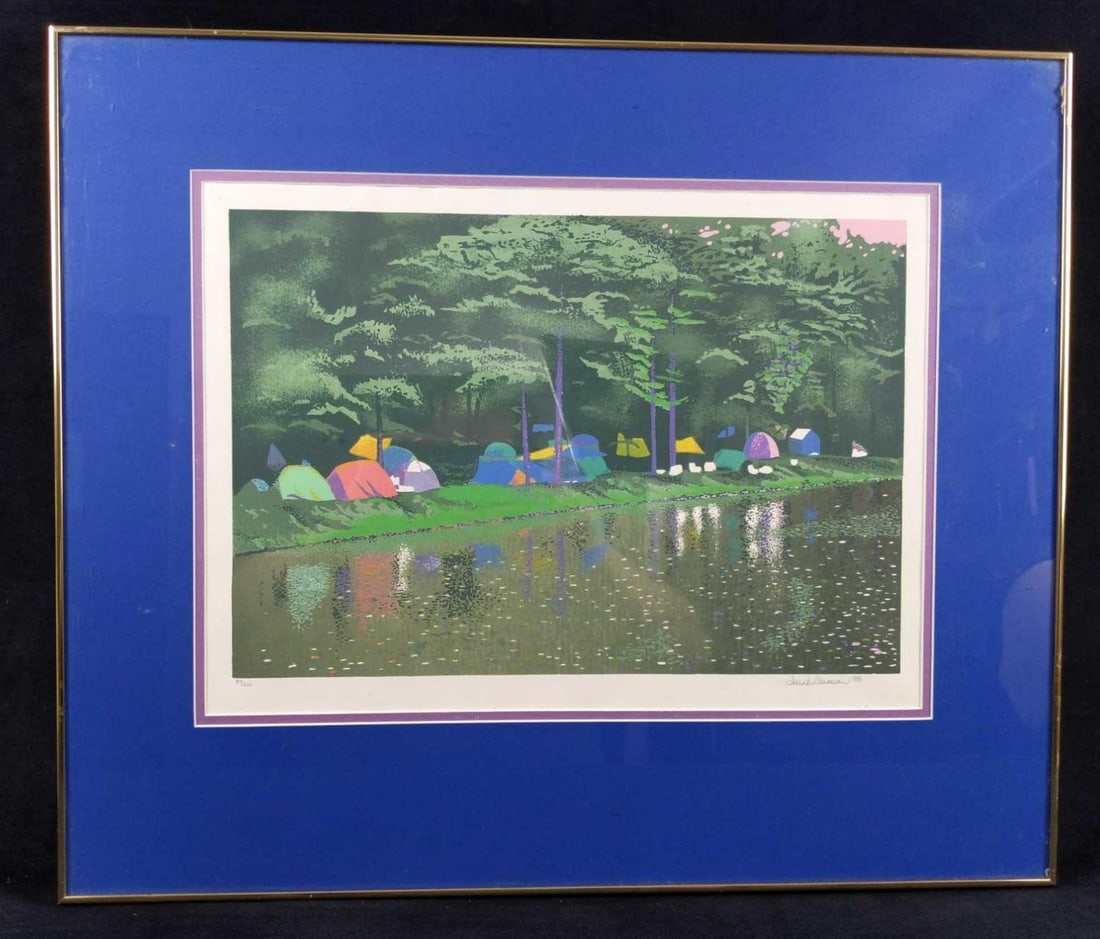 Framed Sarah Carwan LE Print Tents With Woods: Limited edition print of a bunch of colorful tents in the woods, near a pond or river. This is #89 out of #200. Framed print is approx 25" x 1" x 21". Print is approx 18" x 13". Framed art is in good,