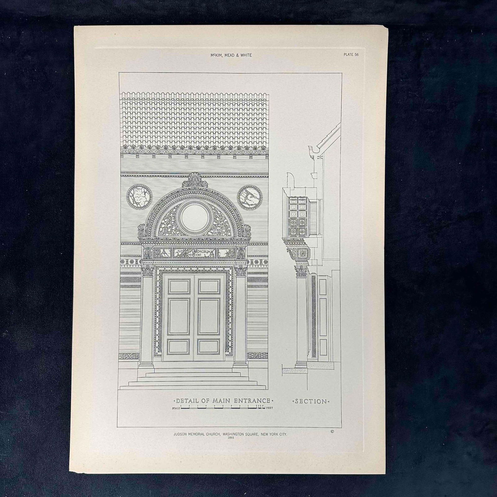McKim Mead & White Architectural Print Judson Memorial Church Main Entrance Washington Square NYC: Print of the Original 1893 architectural plate by McKim, Mead & White, showing detailed elevation and section of the main entrance of Judson Memorial Church, Washington Square, New York City. Beau