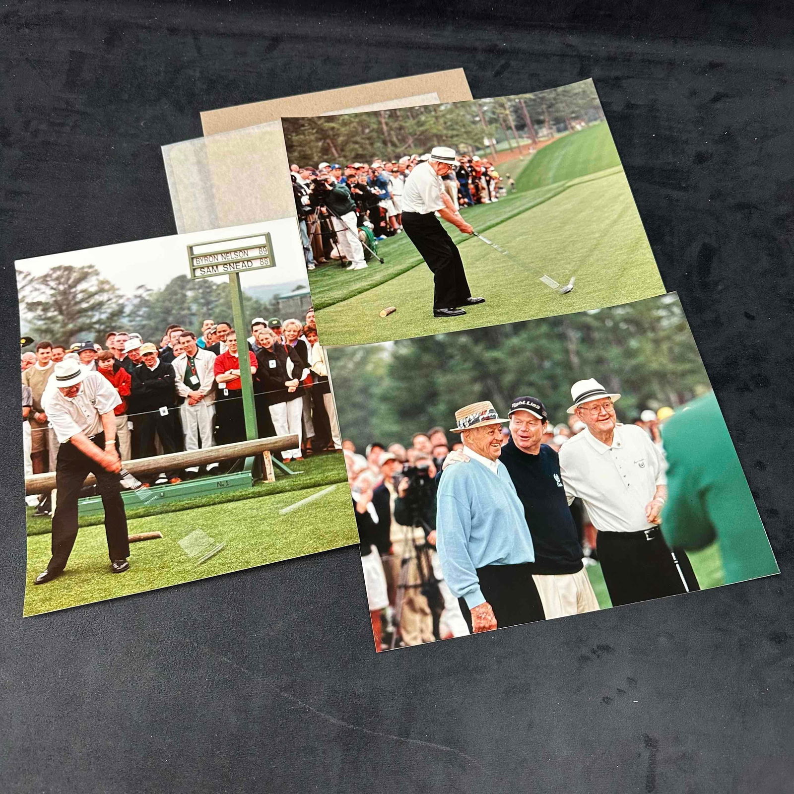 Set of 3 Byron Nelson Golf Photos Masters Tournament Sam Snead Color Prints: Set of three high-quality 8x10" Fuji film archival prints featuring legendary golfer Byron Nelson at the Masters Tournament at Augusta National. The photos capture Nelson in action on the tee, pos
