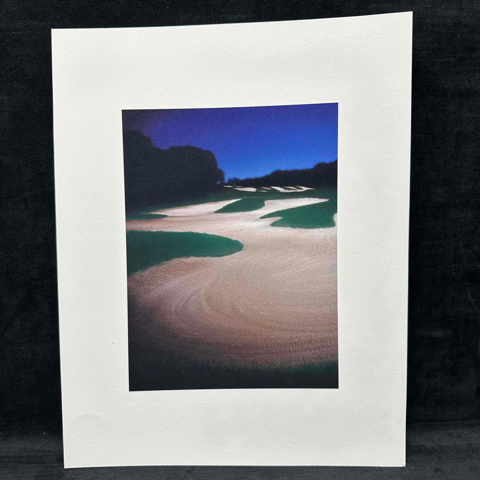 Fine Art Print Lithograph Golf Course Nightscape Dark Blue Sunset Bunker Landscape GC3: High-quality golf course lithograph featuring a striking view of sand traps and fairways under a deep blue night sky. Printed on textured, heavyweight paper for a gallery-quality look and feel. This i