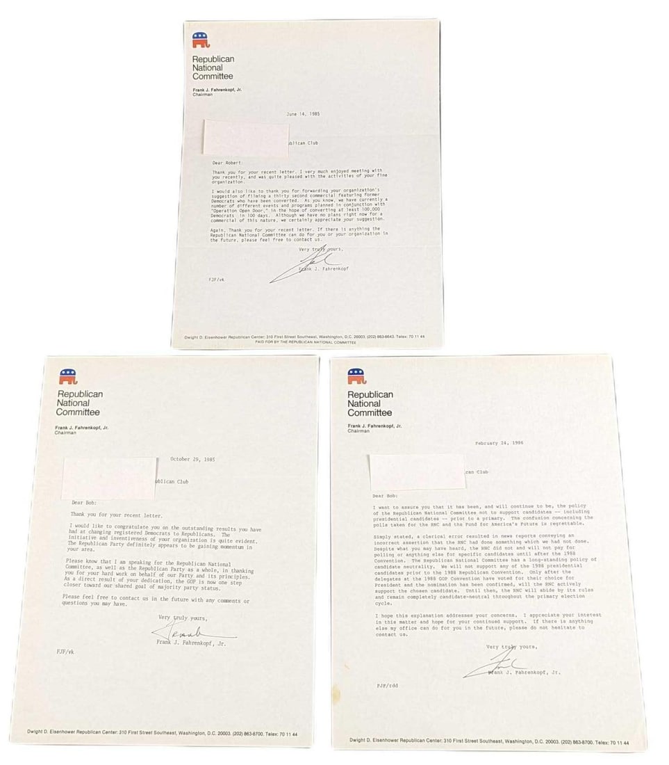 Three Frank J. Fahrenkopf Jr Signed Letters: Three Republican National Committee stationery letters that were signed by Frank J. Fahrenkopf Jr. Two from 1985 and one from 1986. Letters are approx 8 1/2" x 11" and weigh 0.02lb. Letter hav