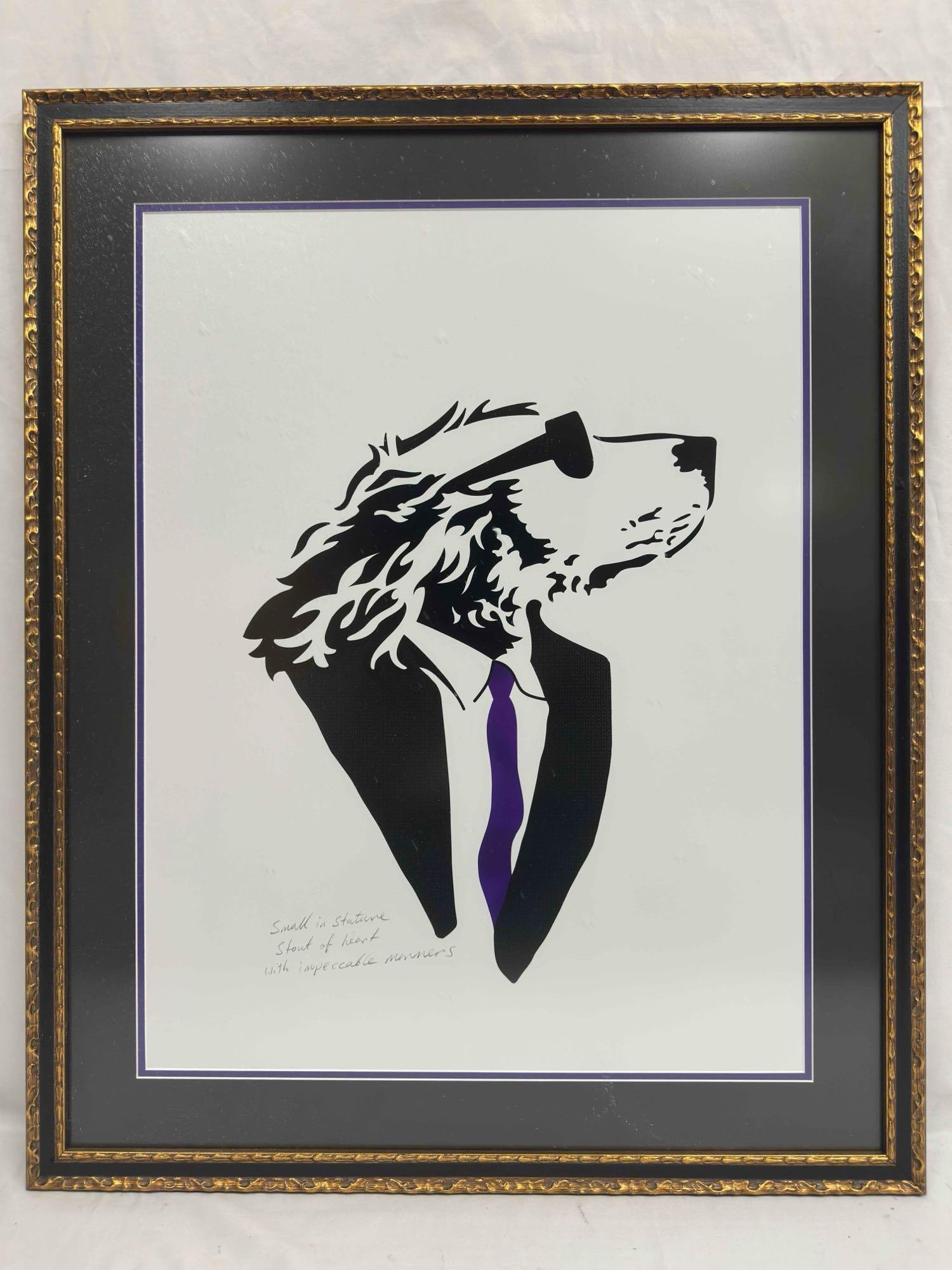 Lonely Dog Purple Tie Black Suit Jacket Giclee Framed Ivan Clarke Art Print: Lonely Dog Purple Tie Black Suit Jacket Giclee Framed Ivan Clarke Art Print. This art print by Ivan Clarke features the Lonely Dog in a black suit jacket wearing a solid purple colored tie. Gold and b
