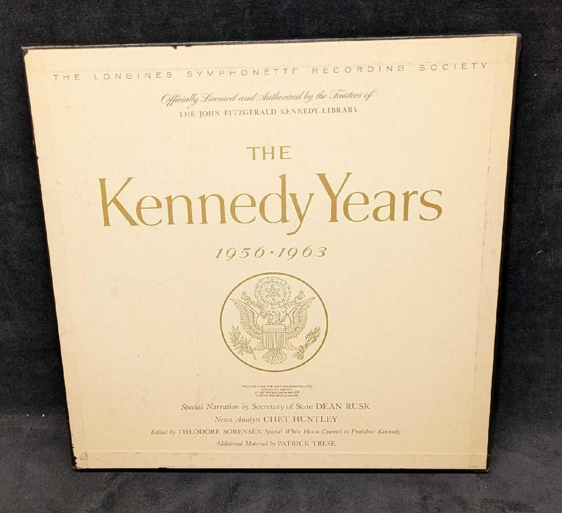 Vintage Kennedy Years Vinyl 3 Record Set: Vintage Kennedy Years Vinyl 3 Record Set. By "The Longines Symphonette Recording Society". Special Narration by Dean Rusk (Secretary Of State). The set is approx 12 1/2" x 1" x 12 1/2" and it weighs 2