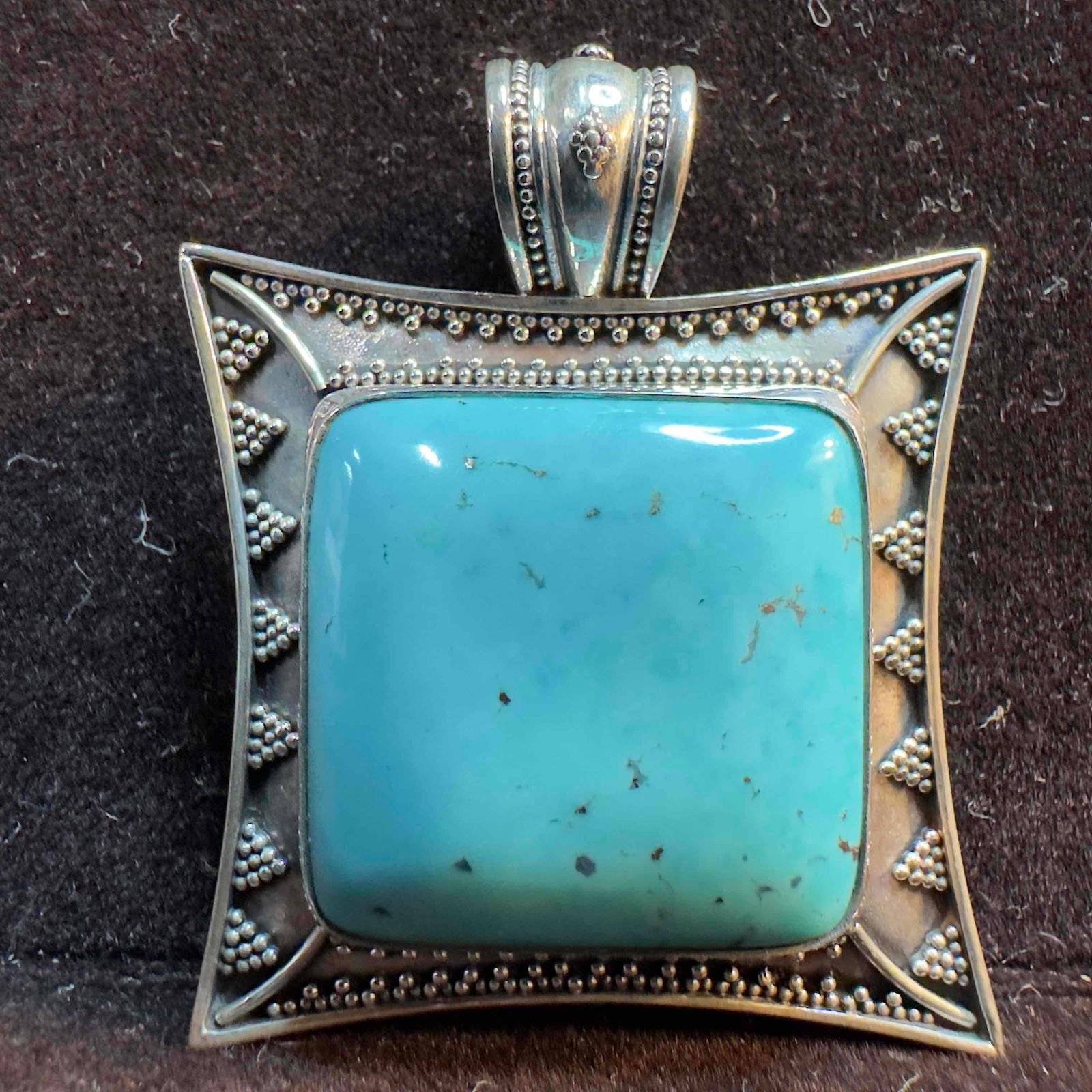 Sterling Silver Turquoise Triangle Dot Style Pattern Pendant: This item is in good pre-owned, previously used/displayed condition with noticeable light wear, and surface scratches. Please reference all photos for full details. This piece of jewelry has been test