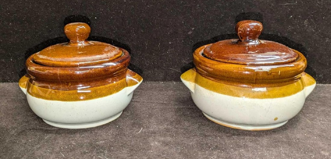 2 Vintage Stoneware Tan And Brown Bean Pots B (1 of 11)