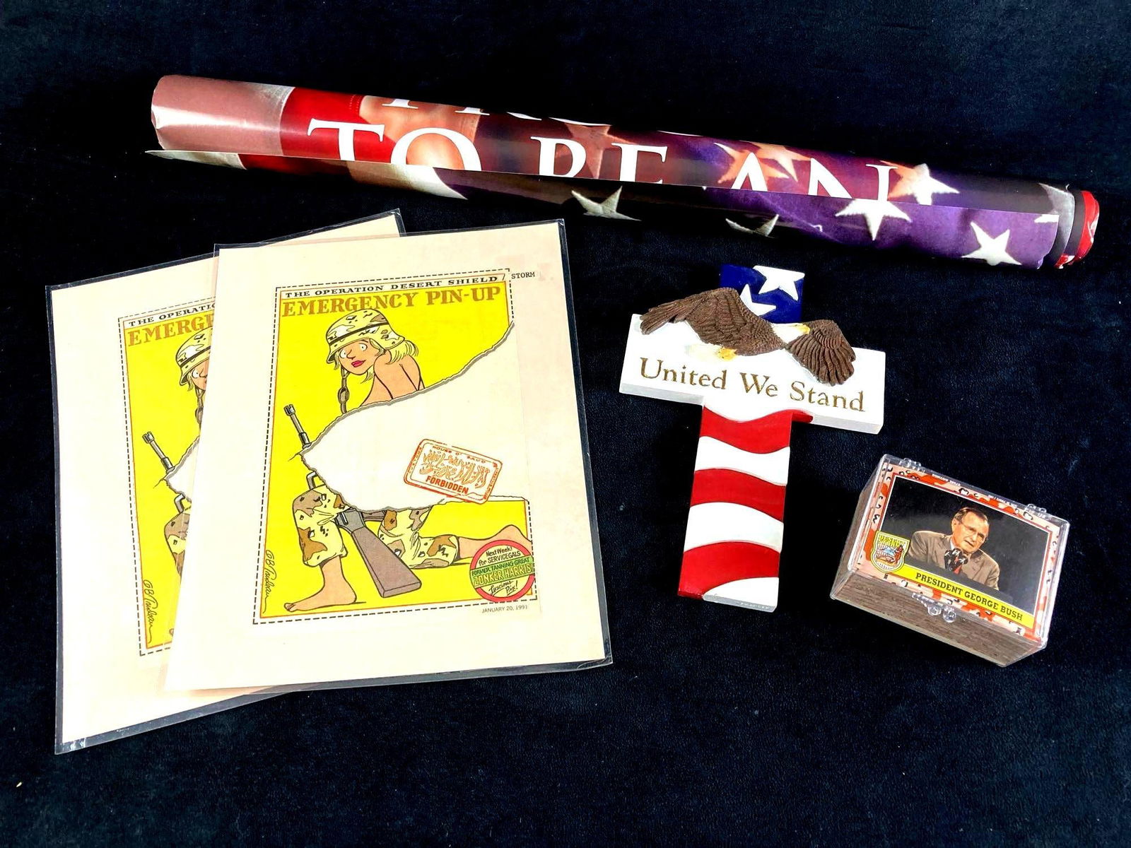 Patriotic American Lot Posters, Cross, Desert Storm 1990's 2000's: Up for auction is a recent estate find, a group of patriotic Americana from the 1990's to the early 2000's. The lot includes Desert Storm pinups cut from a magazine or newspaper, a large "
