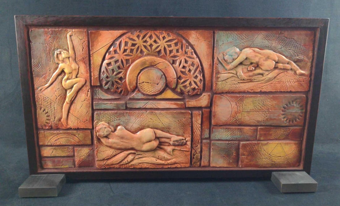 Double Sided Mixed Media Jinsong Kim Nudes X1: This is an interesting centerpiece with two sides. One is an acrylic of a resting nude woman. While the other is a sculpted and painted resin of a nude woman in different poses. The artist signed the