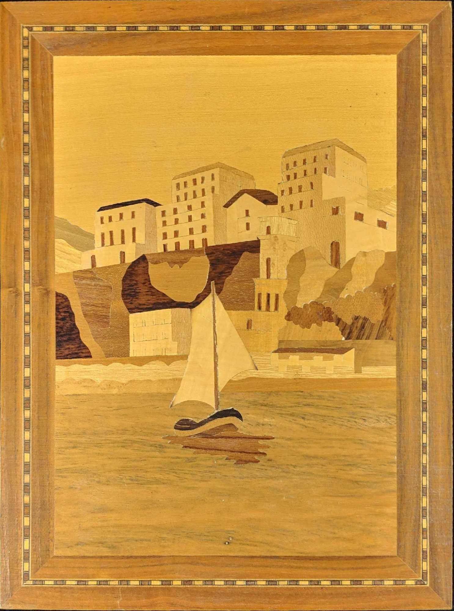 Inlaid Wood Picture Marquetry Inlay Boat Art T9: Hand Inlaid Wood Art Of A Boat Sailing By A Coastal City. Art is approx 11 1/2" x 15 1/2". Artist is unknown. Wood art is in good, used condition with some wearing on the back and a some small