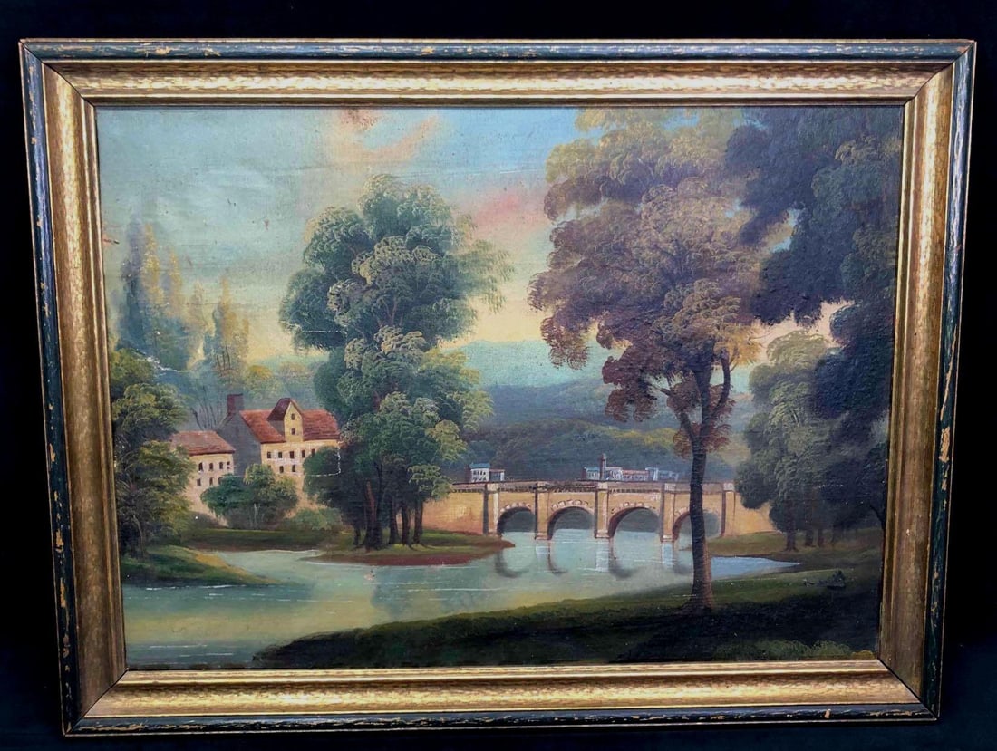 Antique Oil Landscape Painting On Canvas: This lot contains an original oil landscape painting on canvas. The scene depicts a beautiful cottage house on a river. The color of the leaves on the trees suggest it is an autumn landscape. The