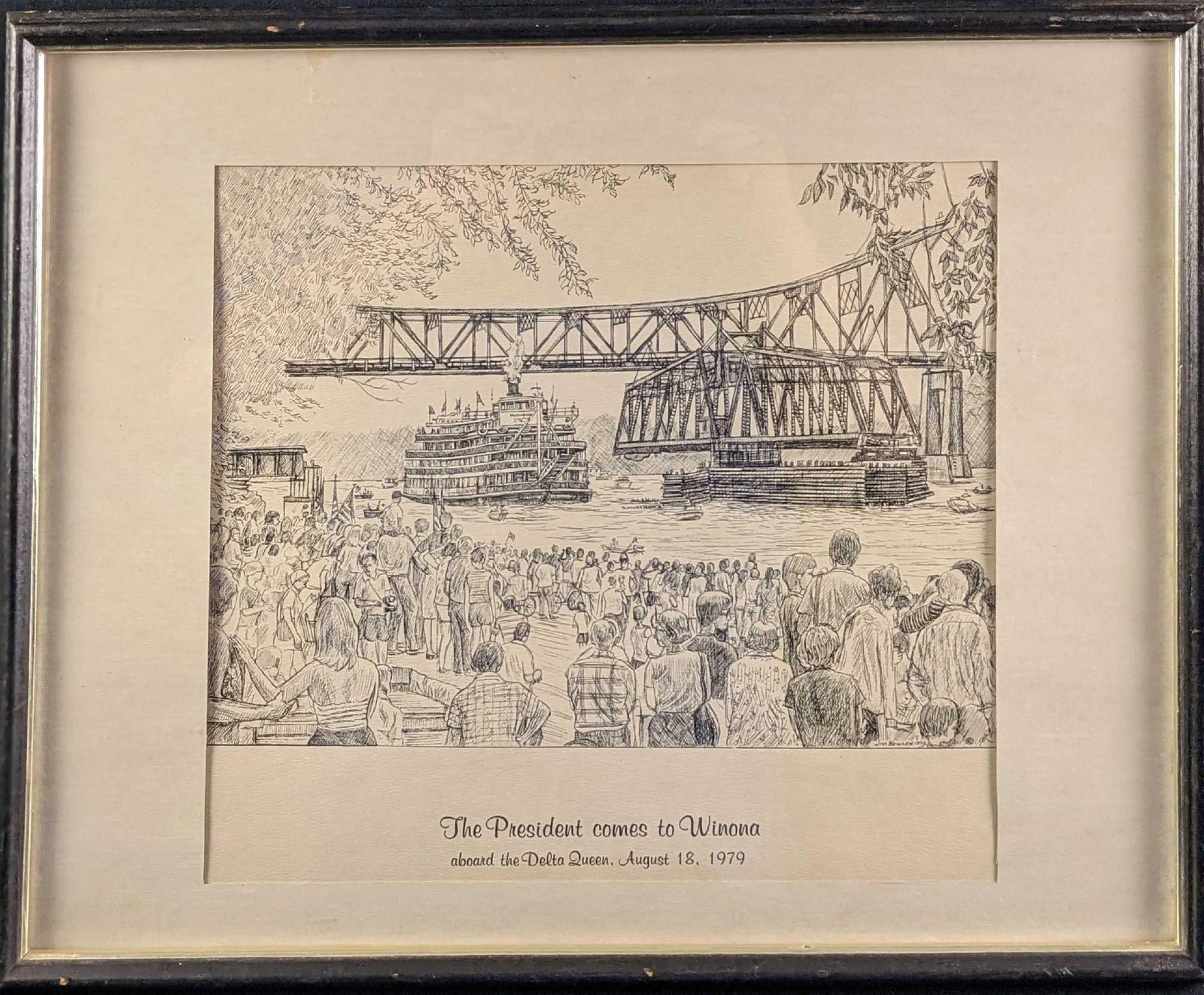 Framed The President Comes To Winona Print: Framed The President Comes To Winona Print By Jim Heinlkn. The print shows a crowed watching Jimmy Carter ride into town via the Delta Queen on August 18,1979. The framed print is approx 21" x 1"